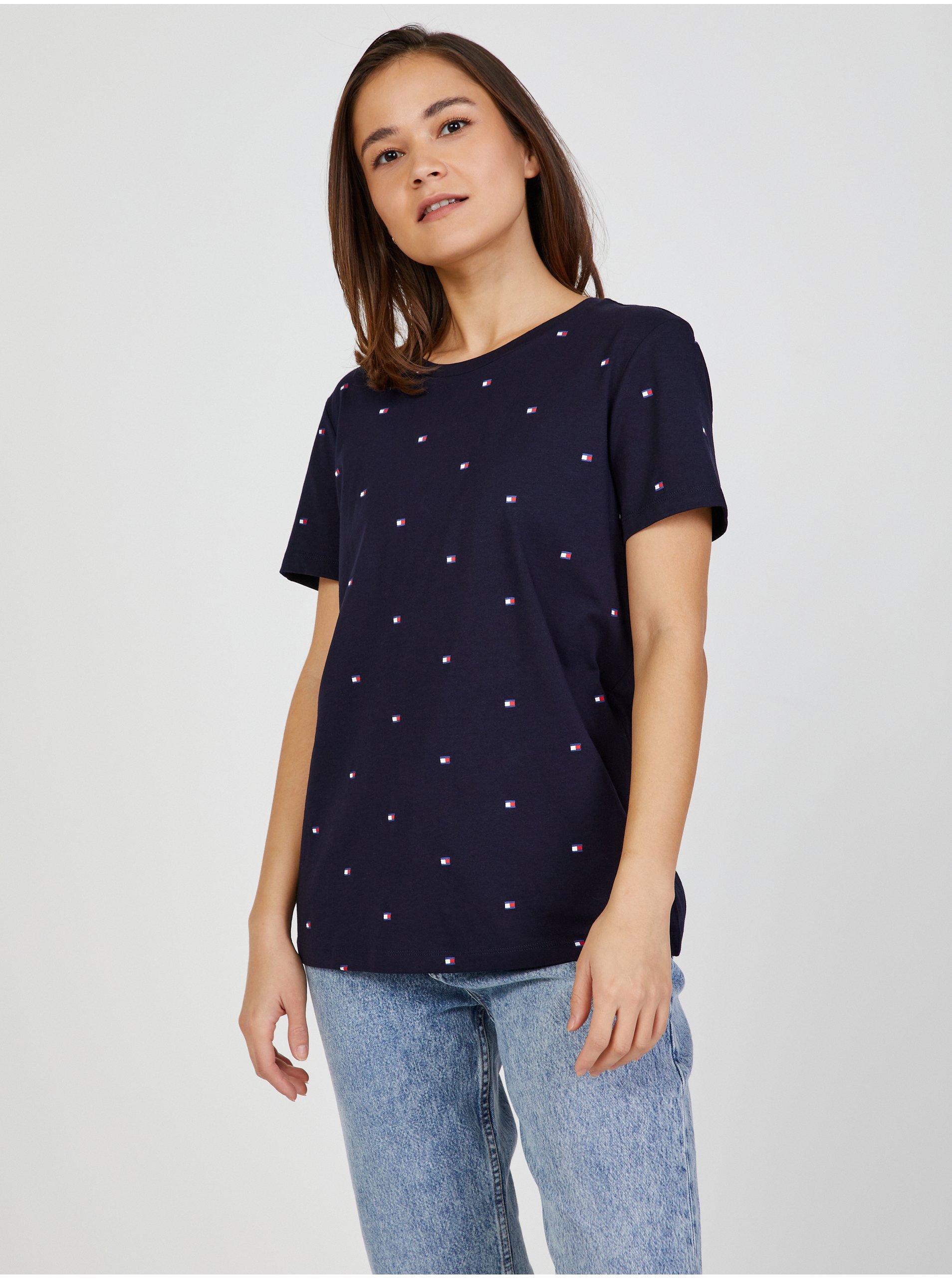 E-shop Tmavě modré dámské vzorované tričko Tommy Hilfiger