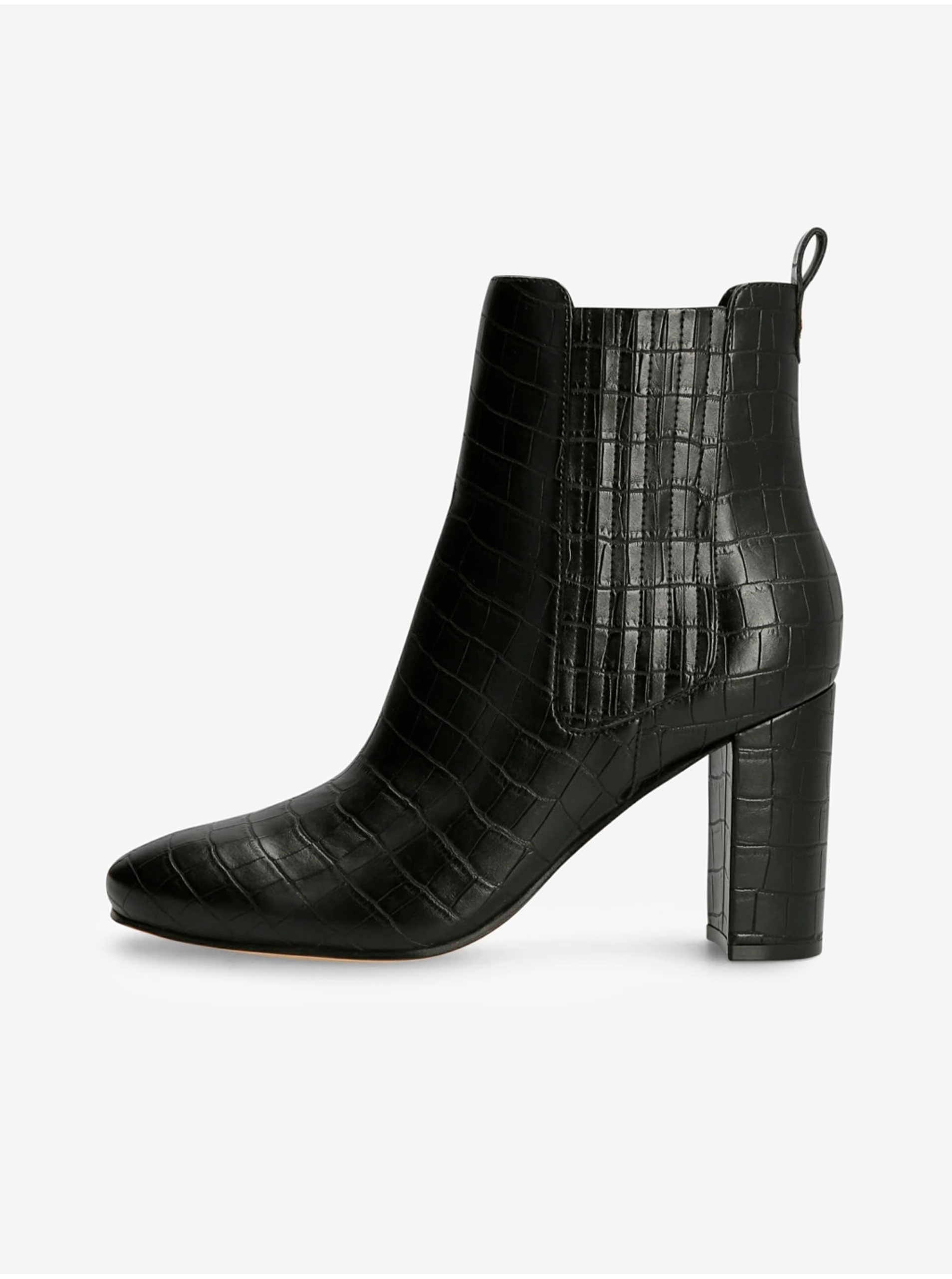 Levně Černé dámské vzorované kotníkové boty na podpatku Guess
