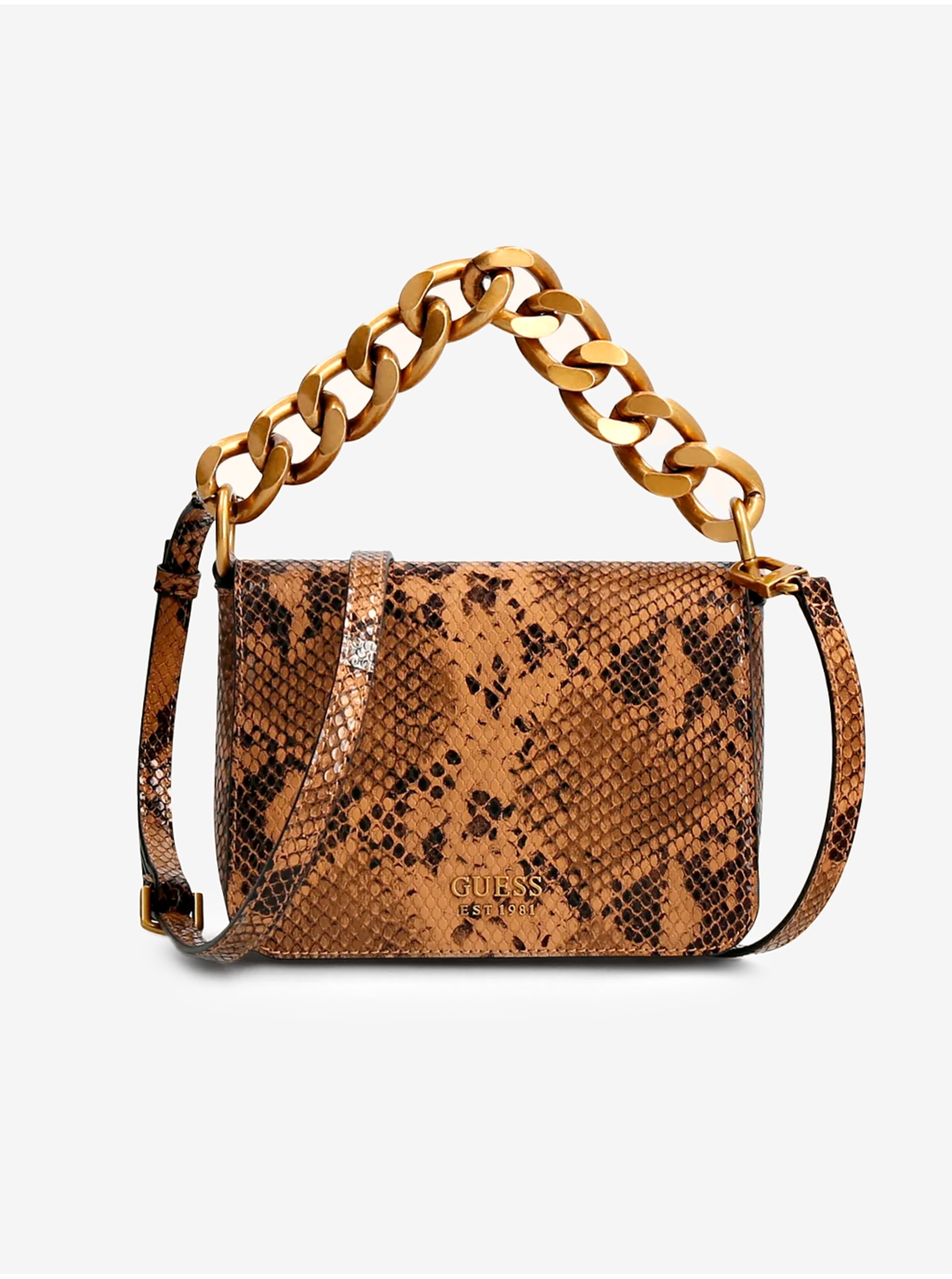 Hnědá dámská vzorovaná malá crossbody kabelka Guess Tullia