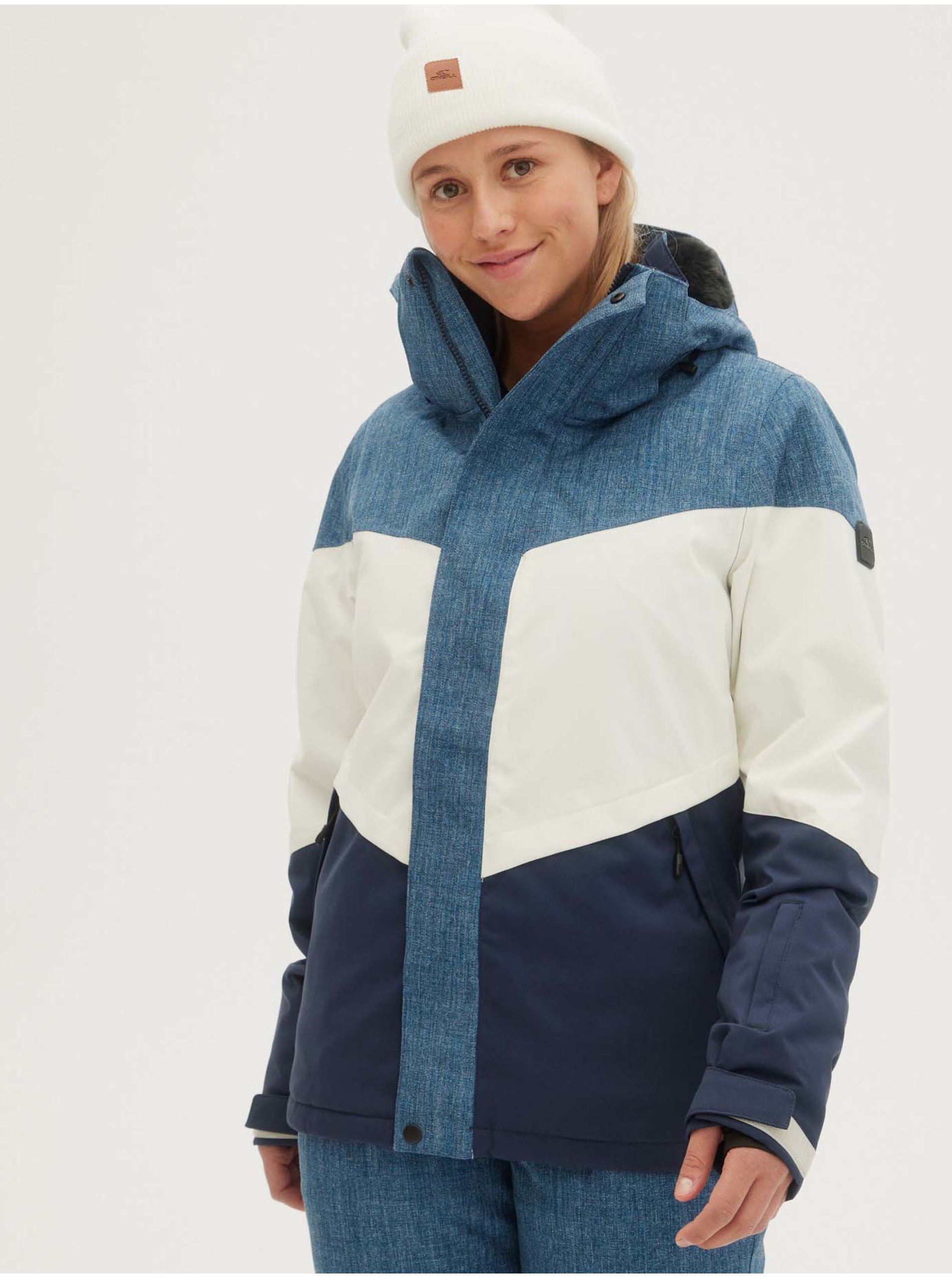 Lacno Bielo-modrá dámska zimná športová bunda s kapucou O'Neill Coral Jacket