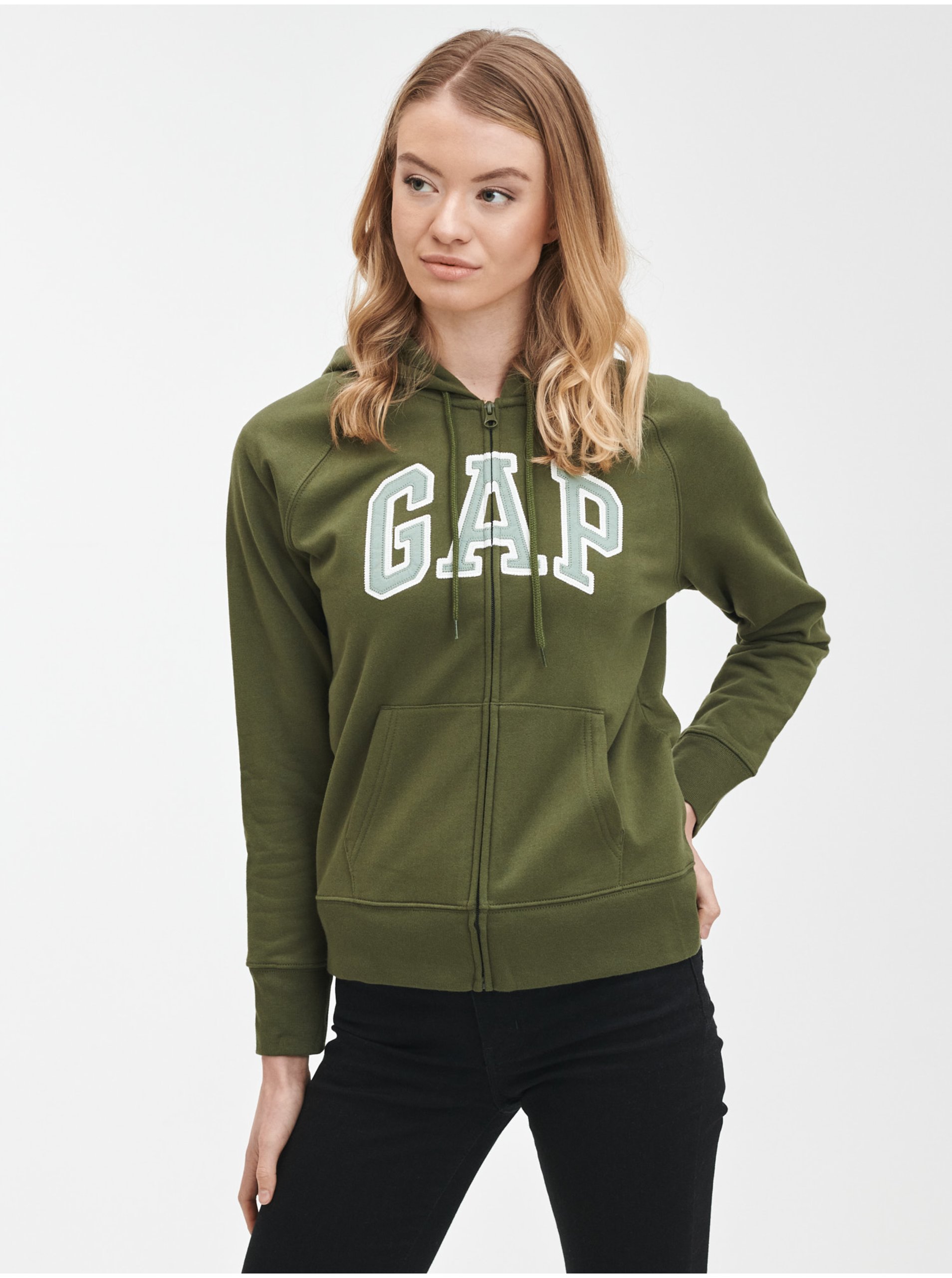 Lacno Zelená dámska mikina na zips s logom GAP