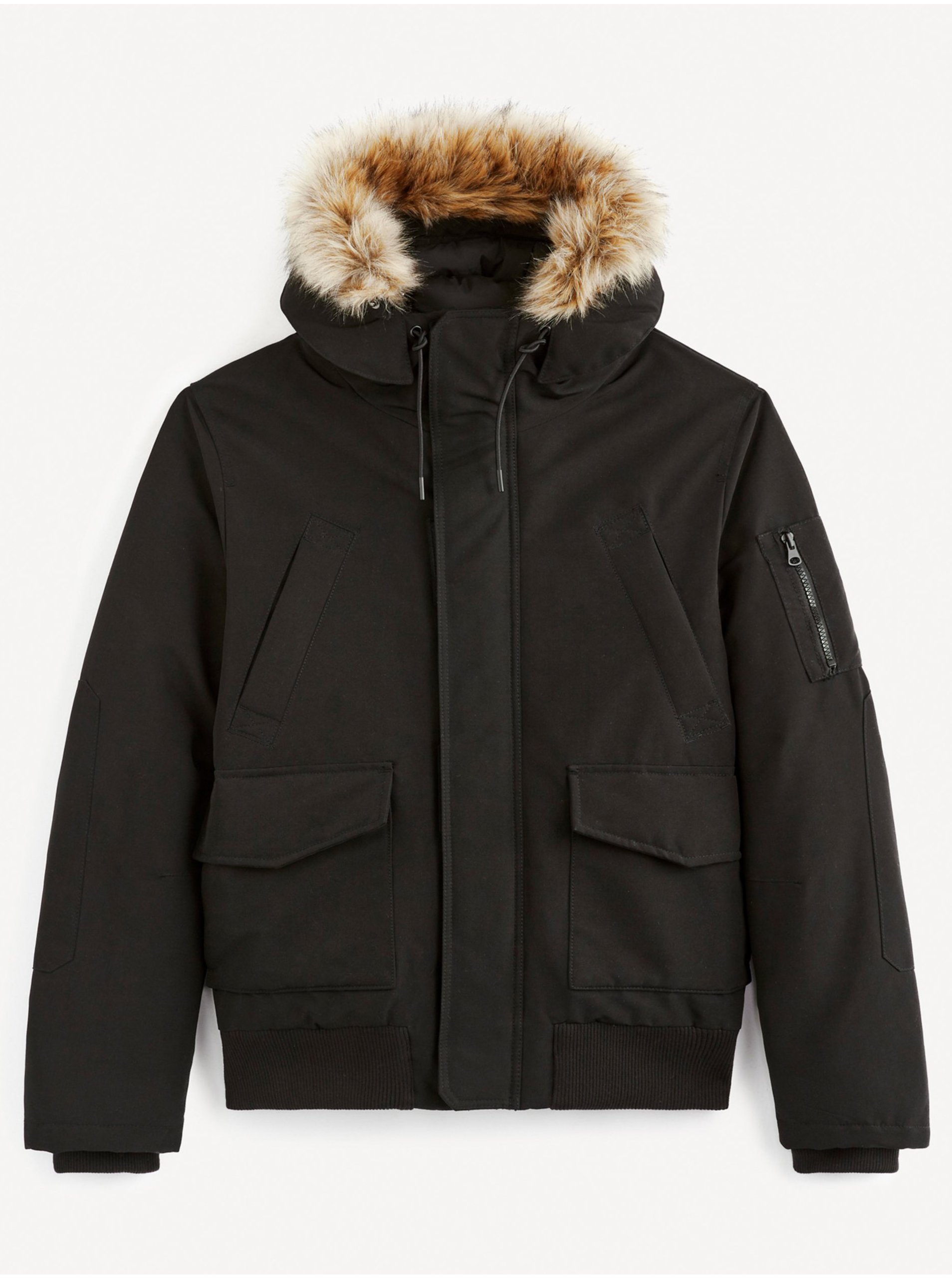 Levně Černá pánská zimní bunda s umělým kožíškem Celio Vusulky