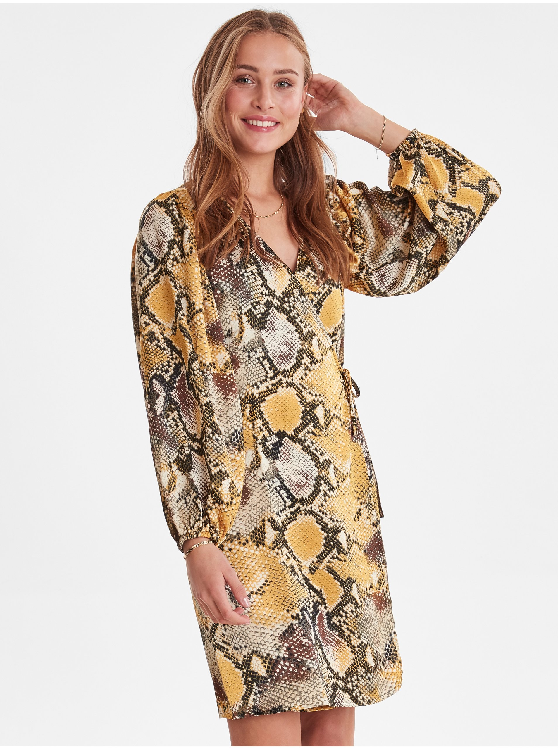 E-shop Hnědo-žluté dámské zavinovací šaty se zvířecím vzorem ICHI Ixmet DR