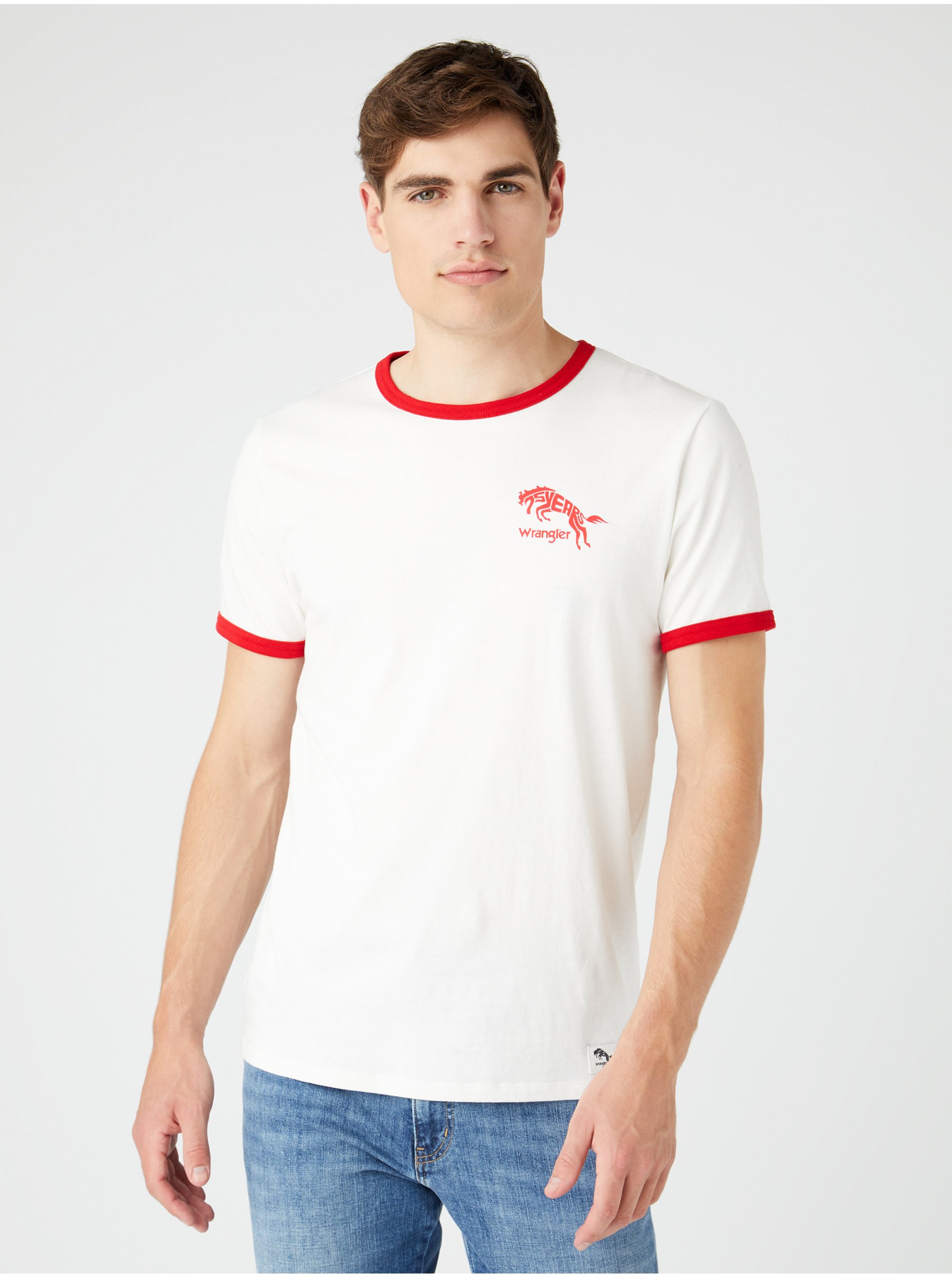 Lacno Červeno-biele pánske tričko s potlačou Wrangler