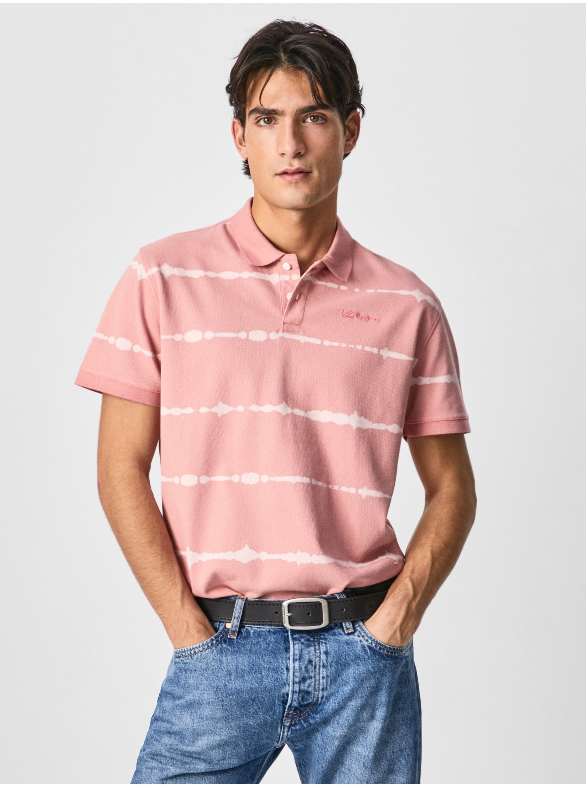 Levně Růžové pánské pruhované polo tričko Pepe Jeans Farrell
