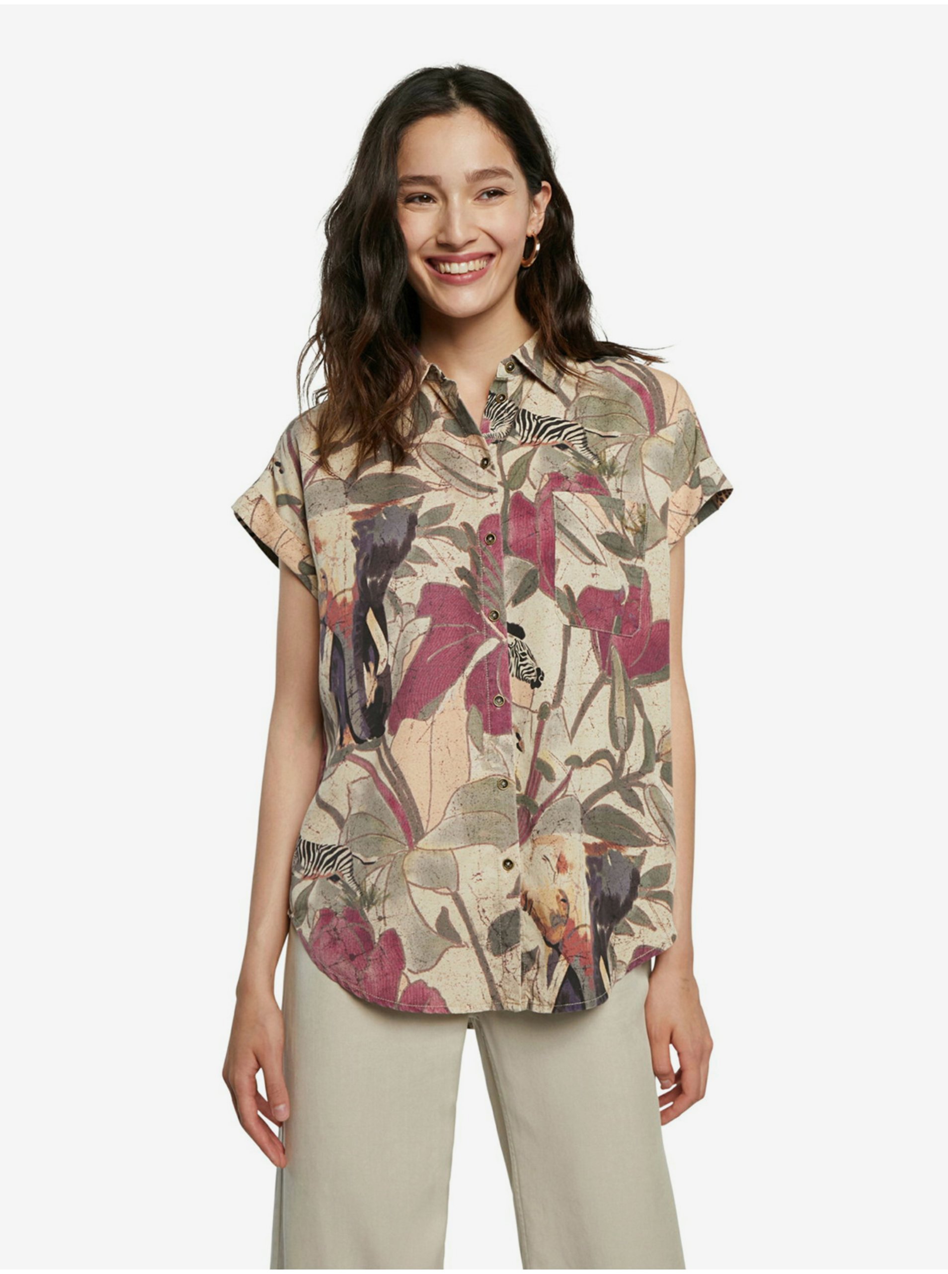 Levně Béžová dámská košile s tropickým vzorem Cam Etnican
