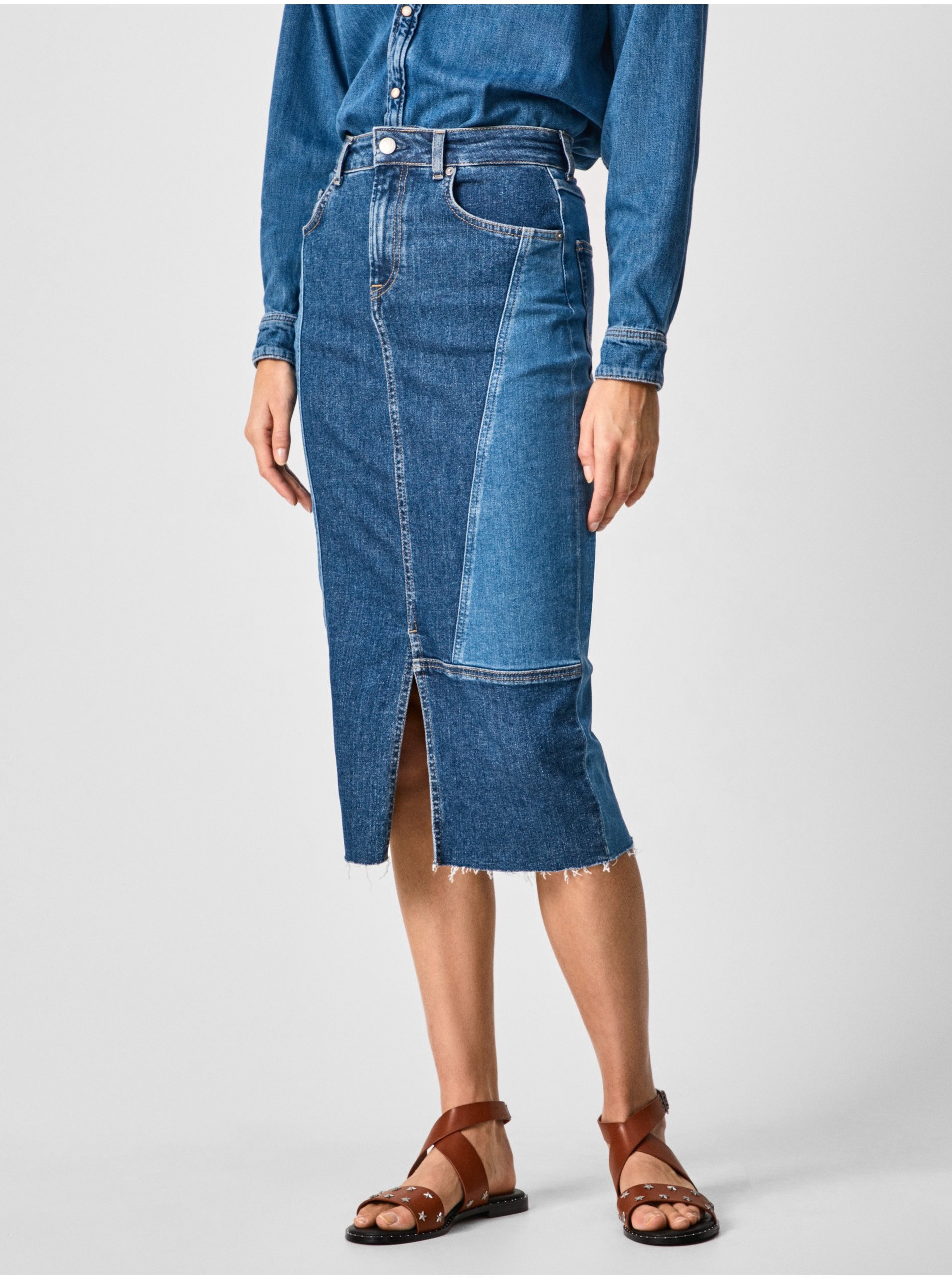 Lacno Modrá dámska rifľová midi sukňa Pepe Jeans Piper