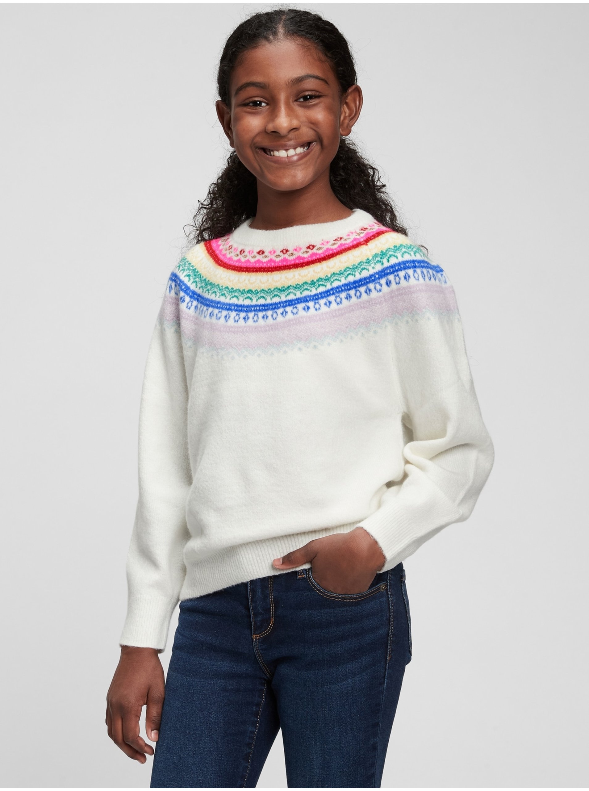 Levně Bílý holčičí svetr s barevným vzorem GAP