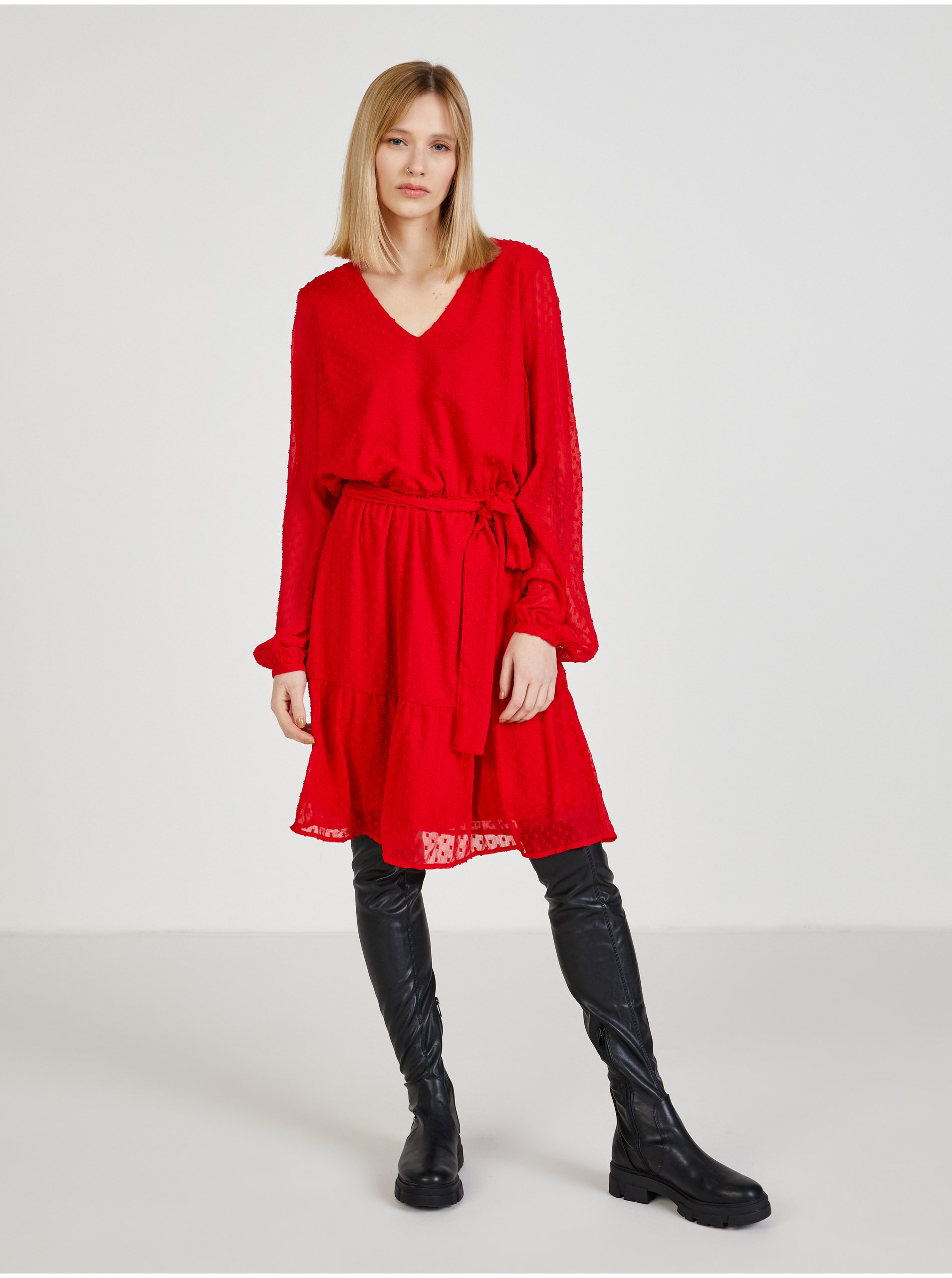 Lacno Červené dámske šaty so zaväzovaním v pase Moodo