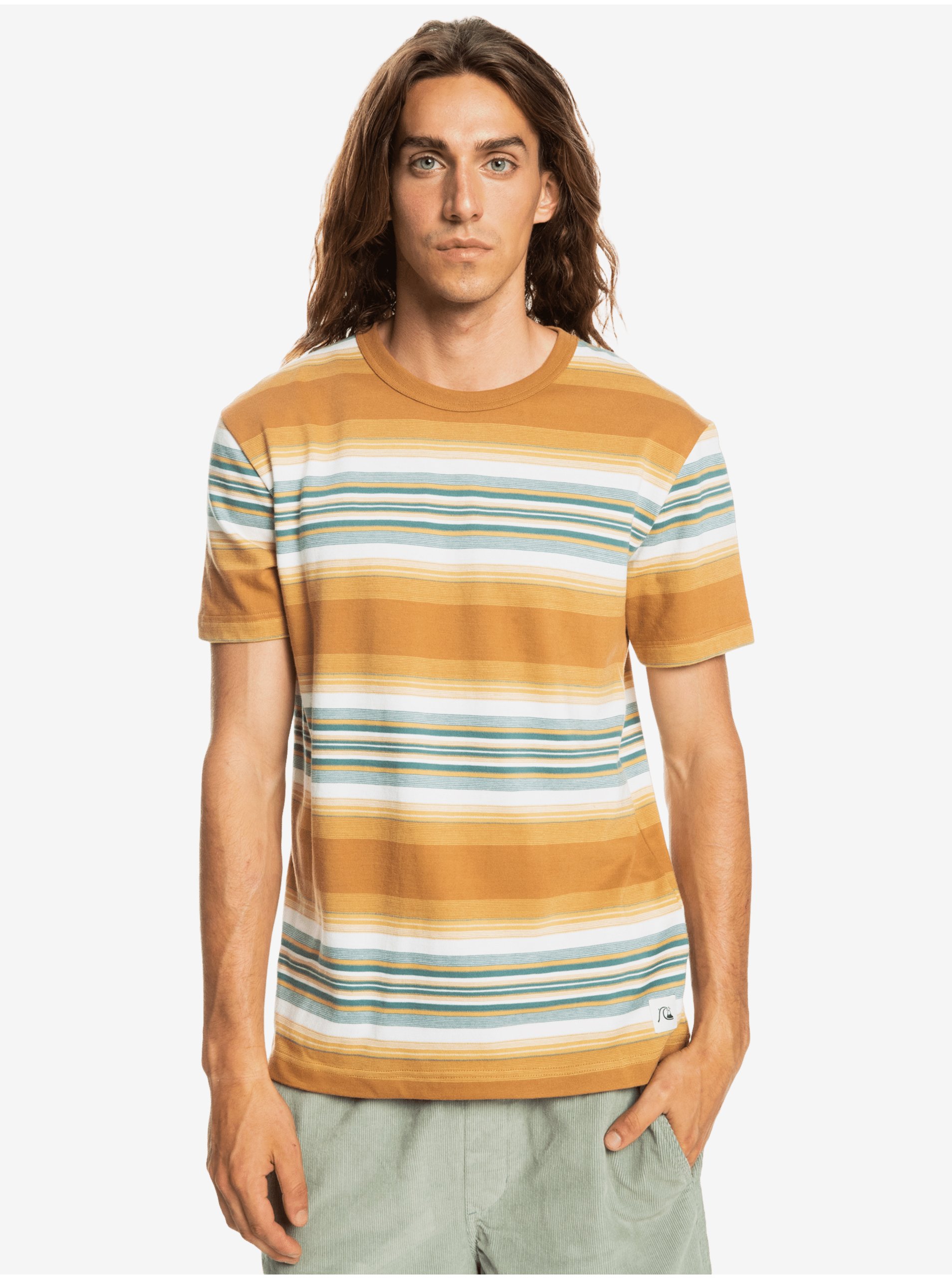 Levně Zeleno-žluté pánské pruhované tričko Quiksilver Transat