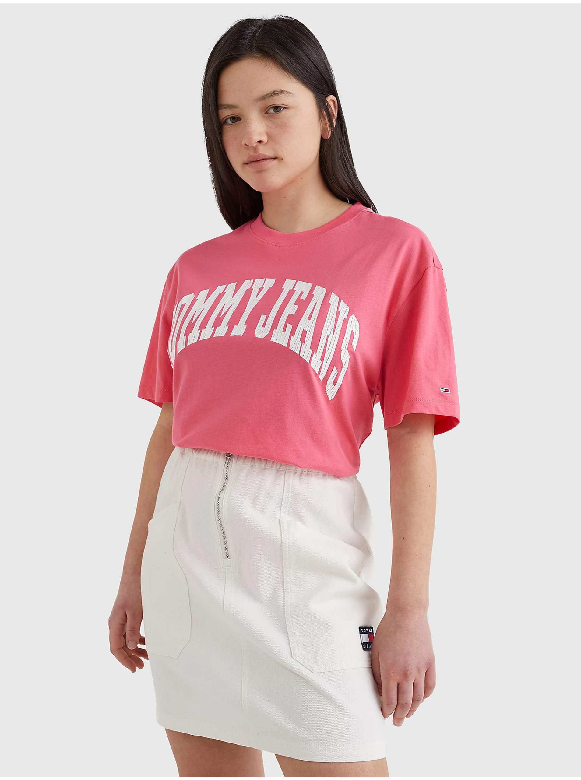 Levně Růžové dámské vzorované dlouhé tričko Tommy Jeans