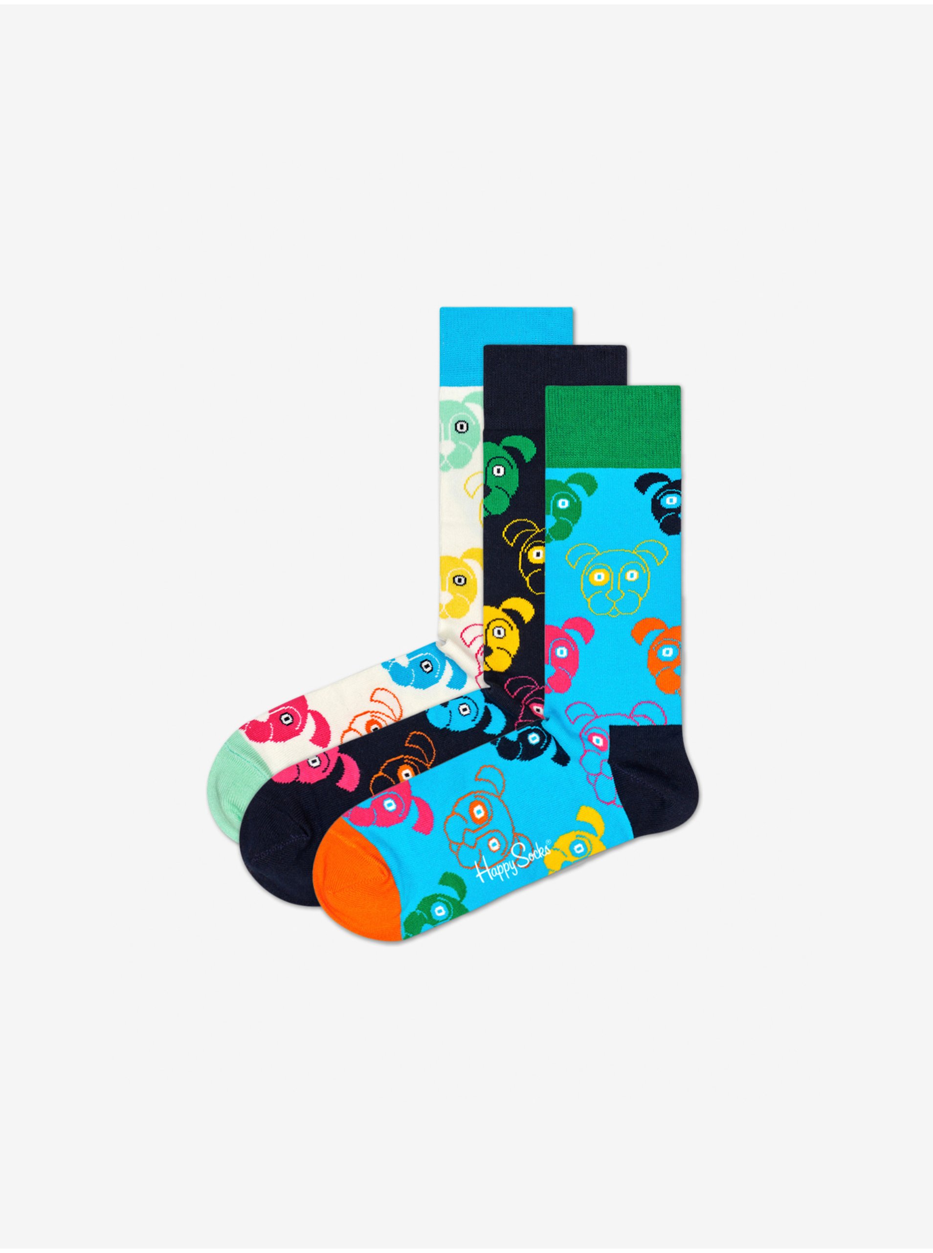 Levně Sada tří párů vzorovaných ponožek v bílé, černé a modré barvě Happy Socks Dog