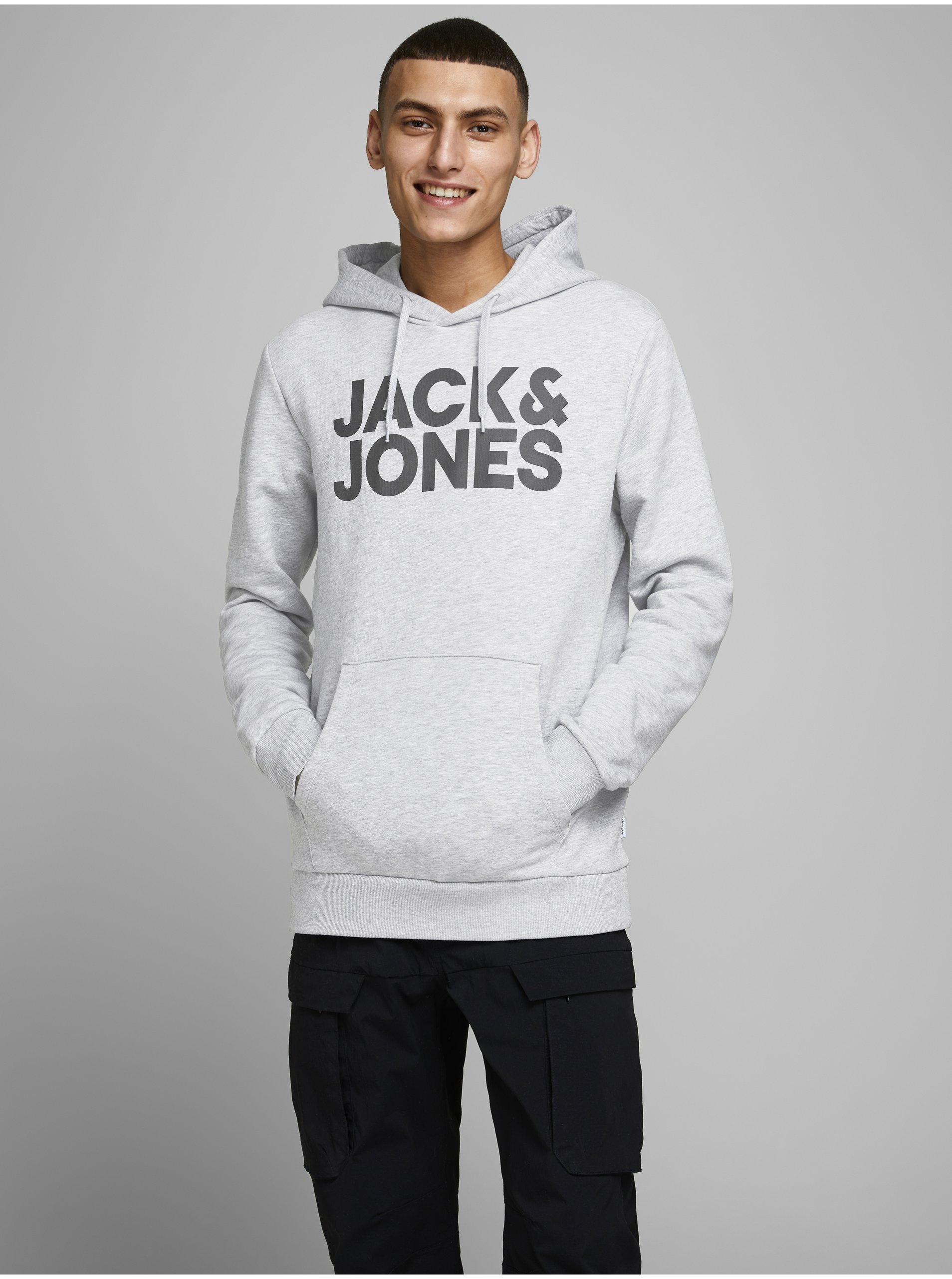 Levně Světle šedá vzorovaná mikina s kapucí Jack & Jones Corp