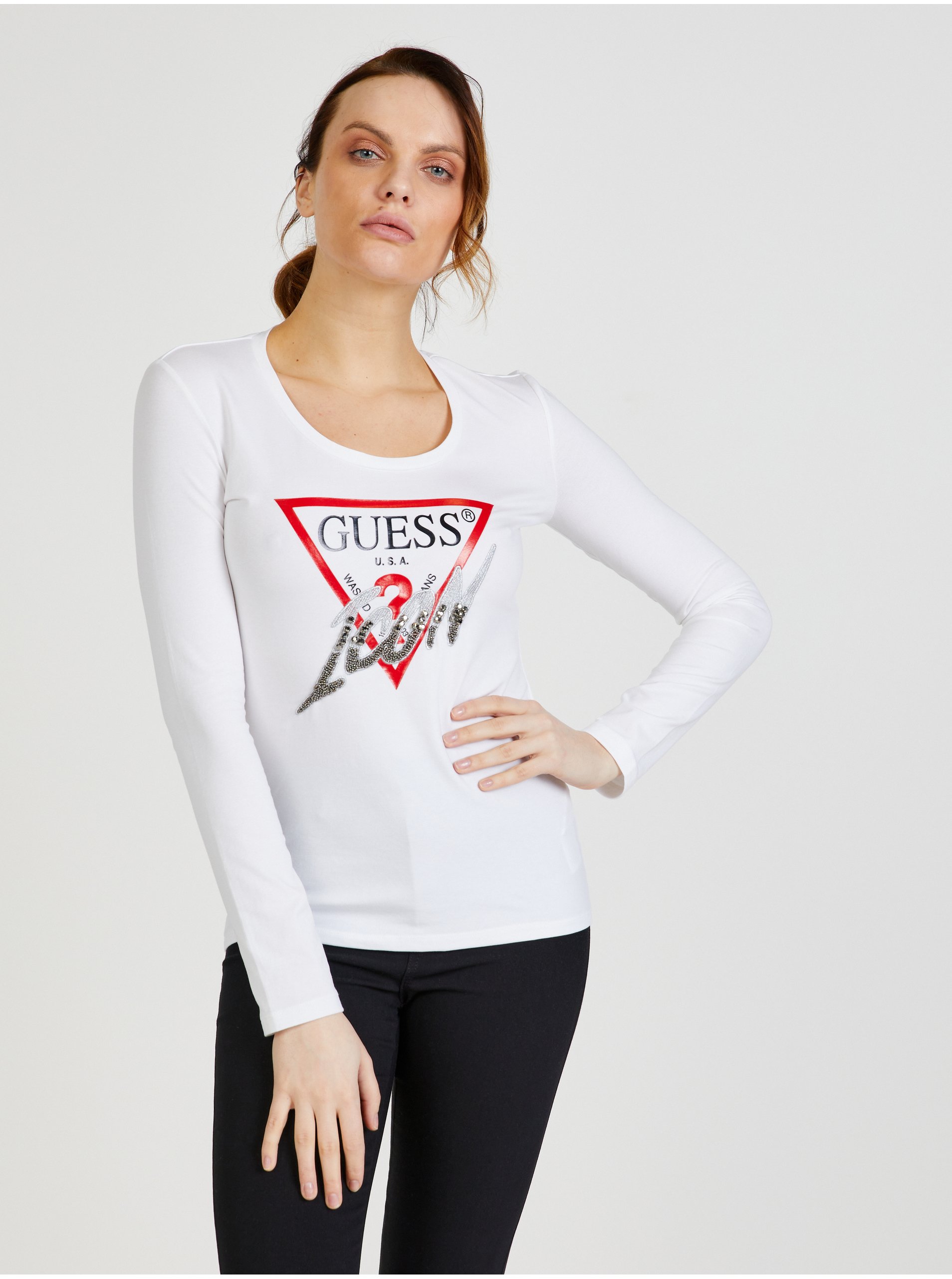 Levně Bílé dámské tričko Guess Icon