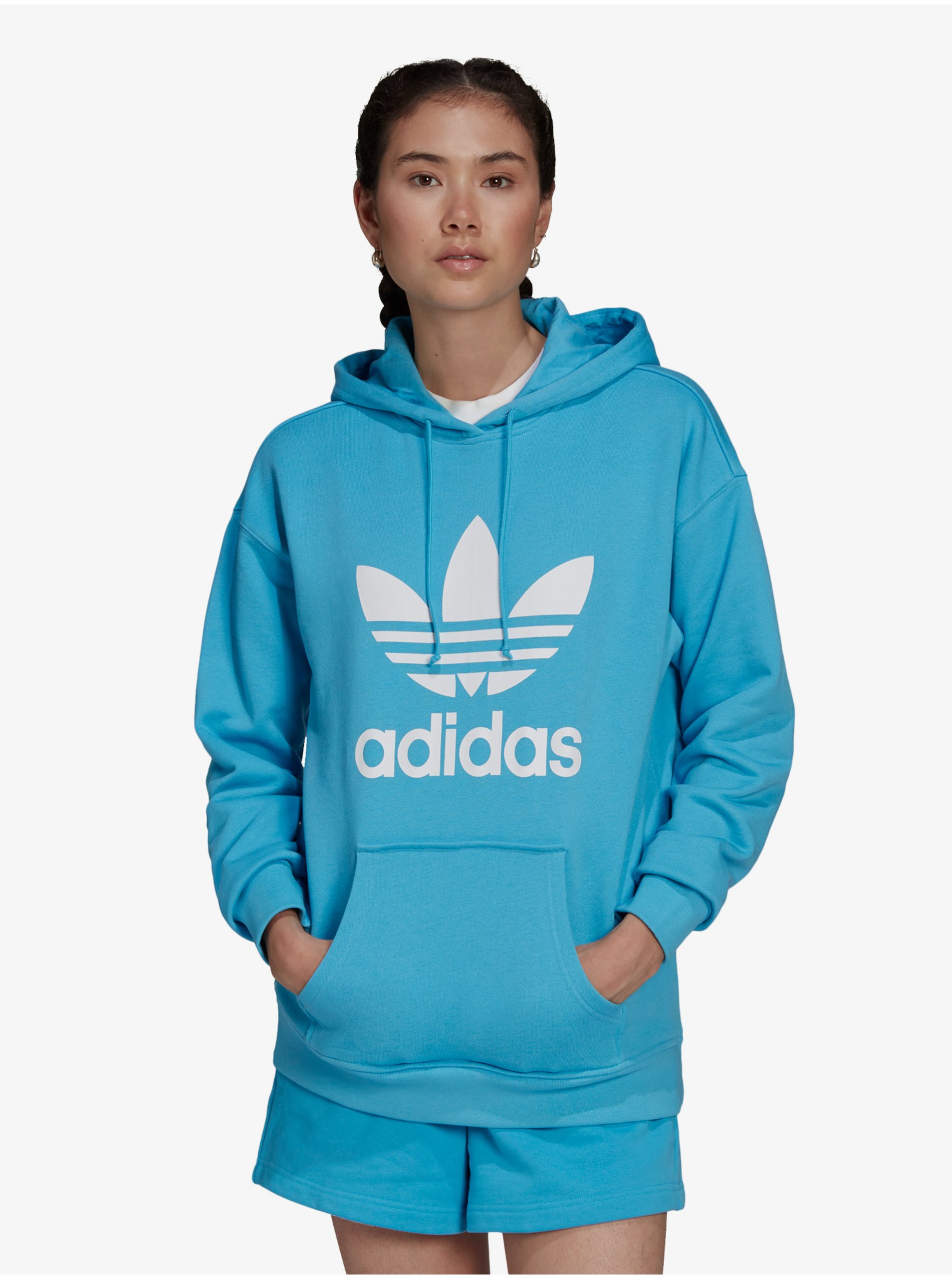 Lacno Modrá dámska vzorovaná mikina s kapucou adidas Originals