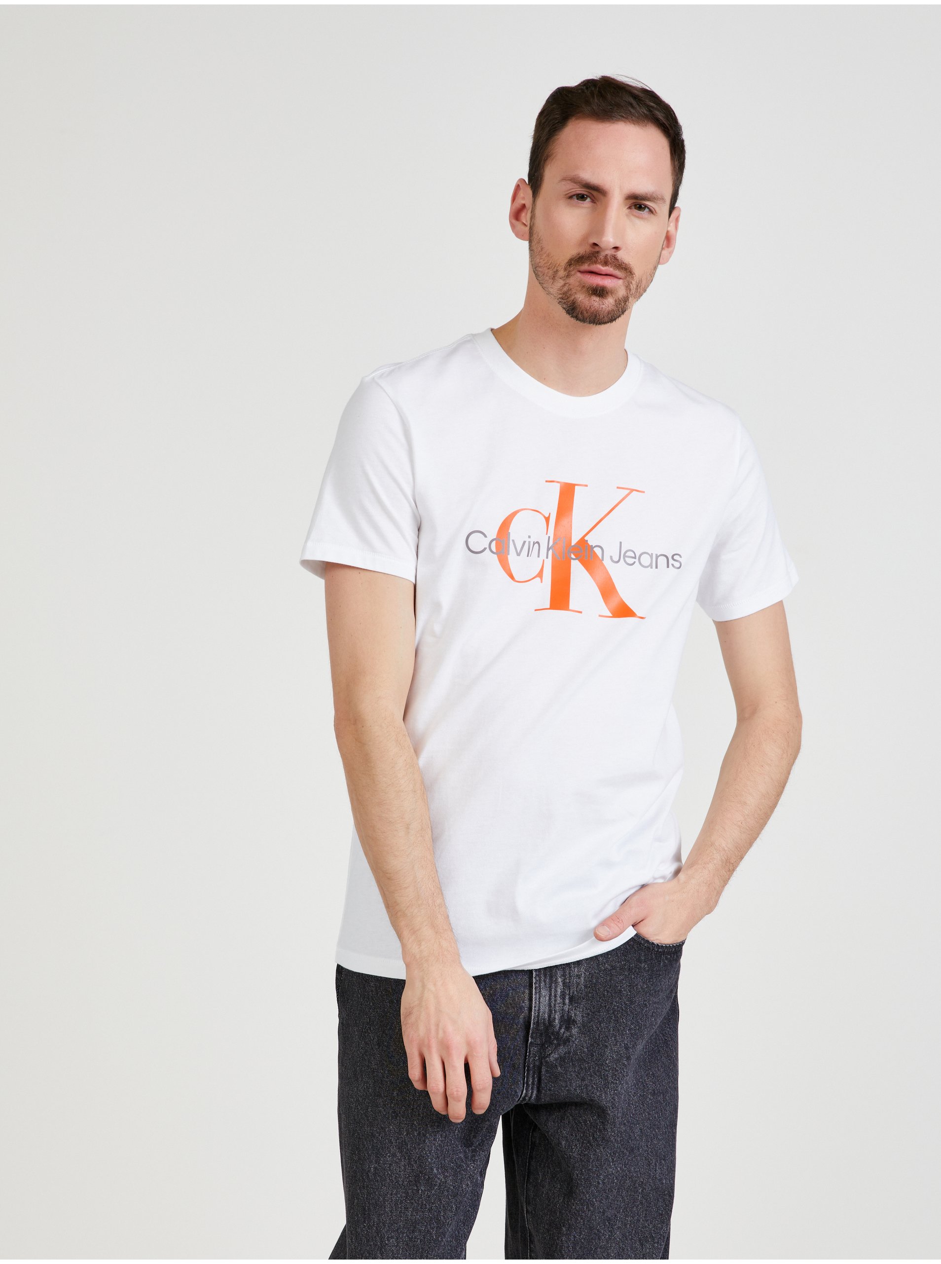 Lacno Biele pánske tričko s potlačou Calvin Klein