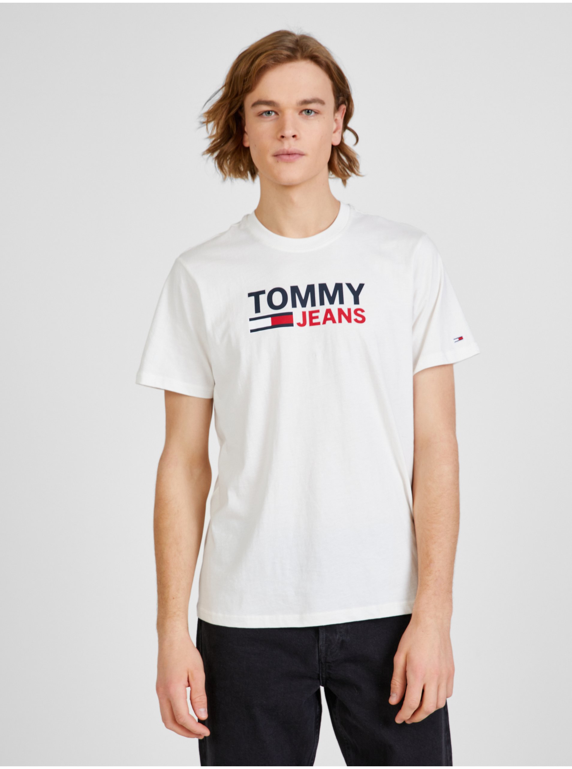 Lacno Biele pánske tričko s potlačou Tommy Jeans