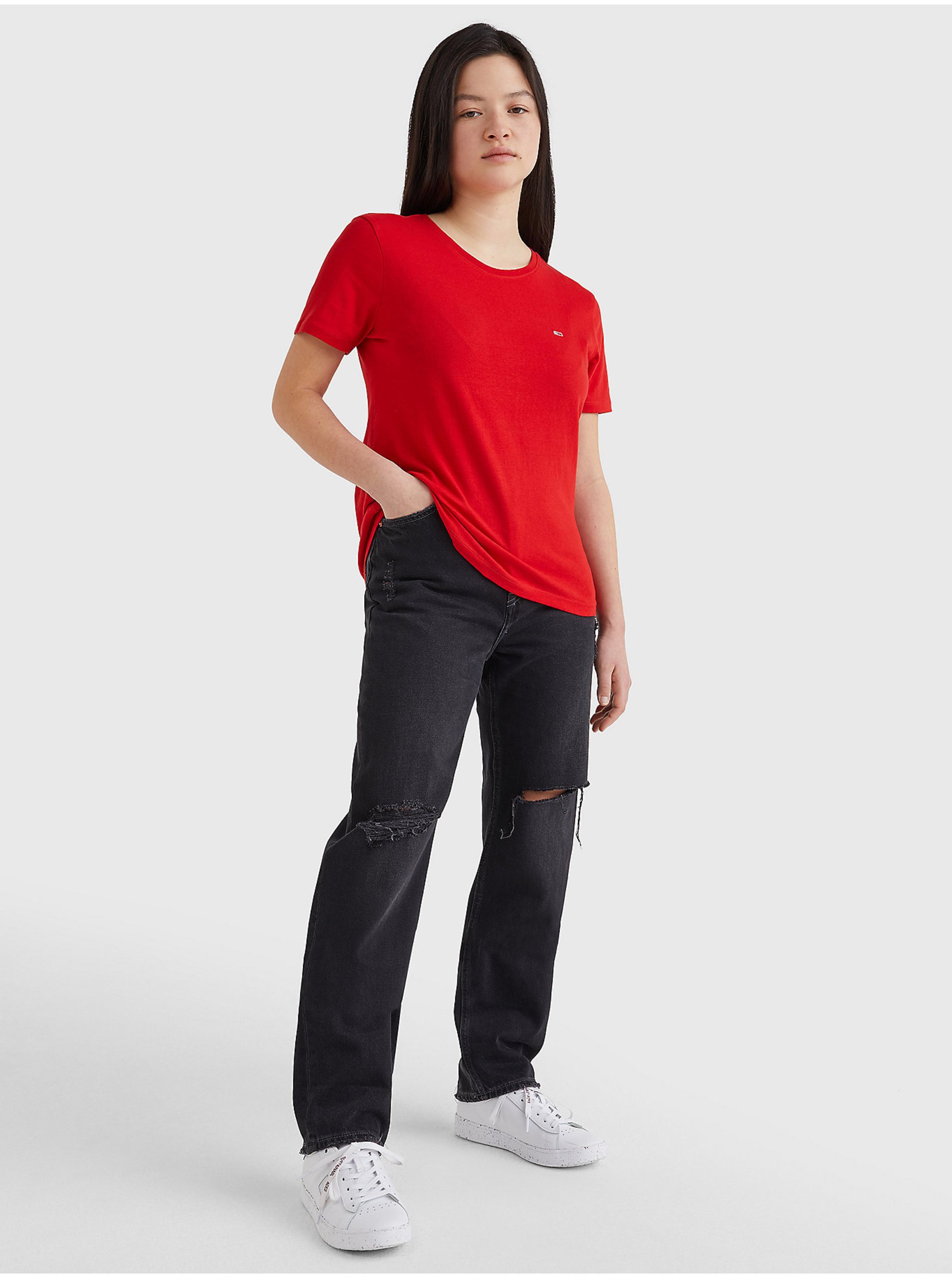 Lacno Červené dámske basic tričko Tommy Jeans