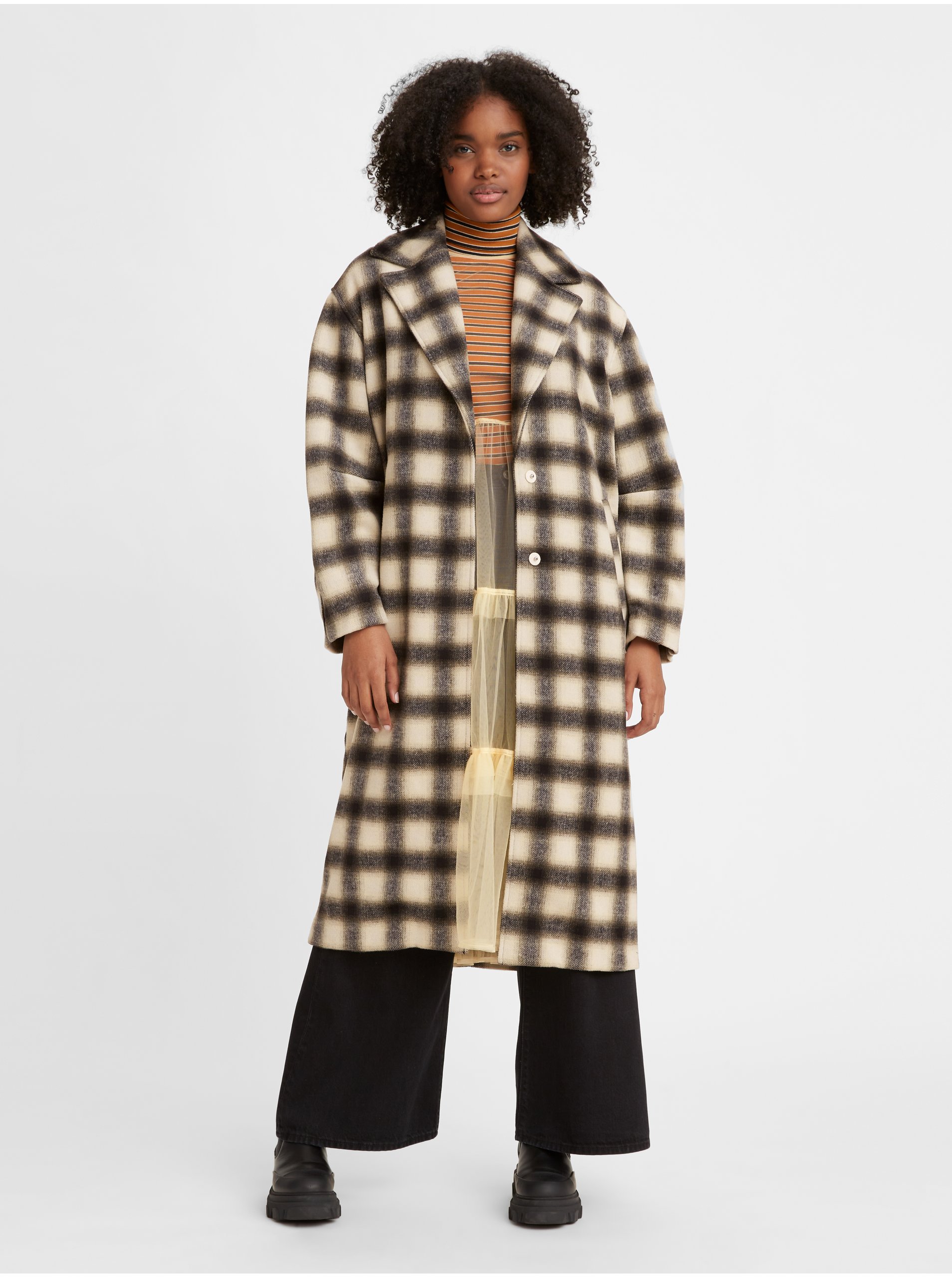 E-shop Čierno-béžový dámsky kockovaný kabát s prímesou vlny Levi's® Agnes
