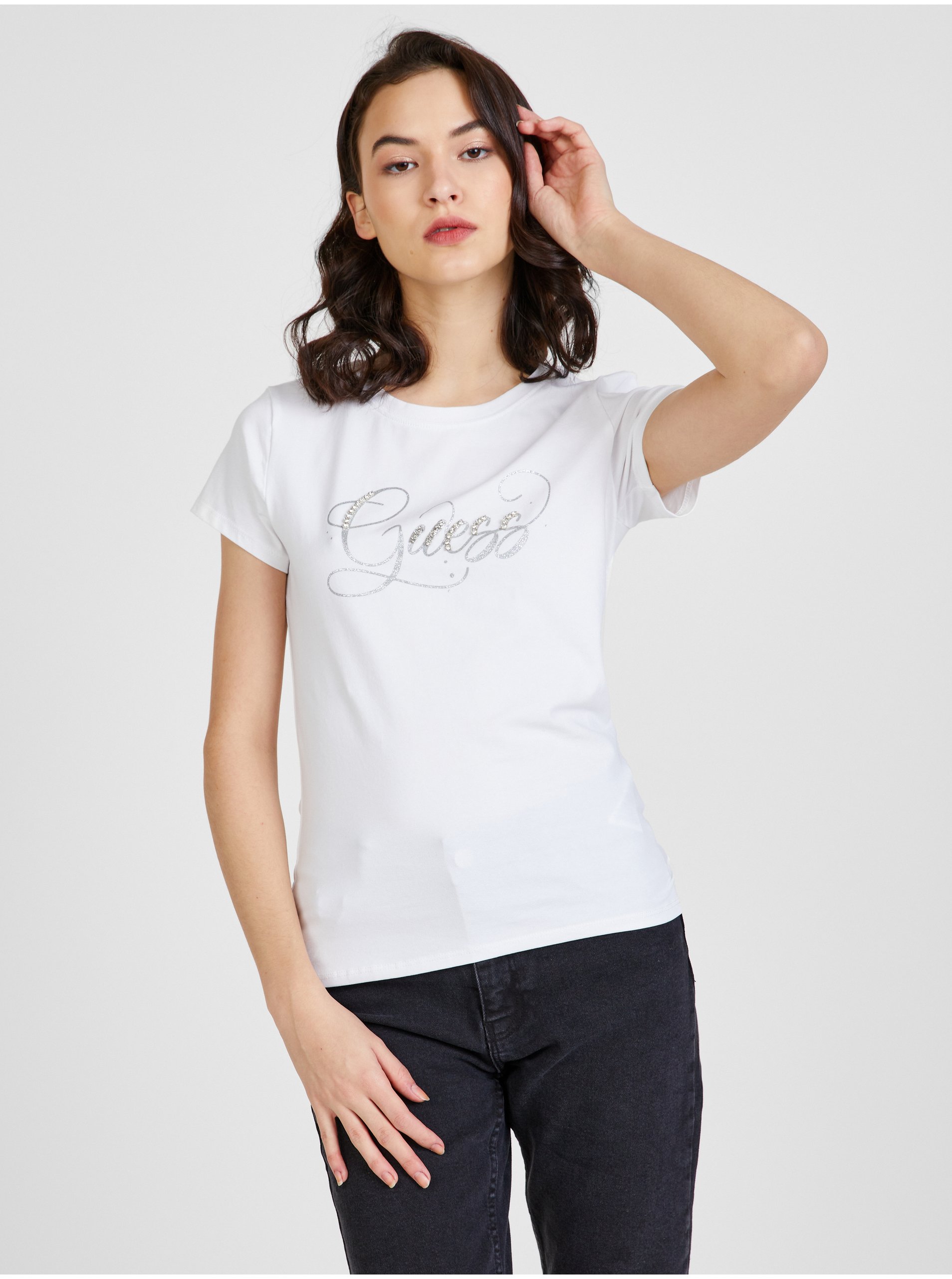 E-shop Bílé dámské tričko Guess Glitzy