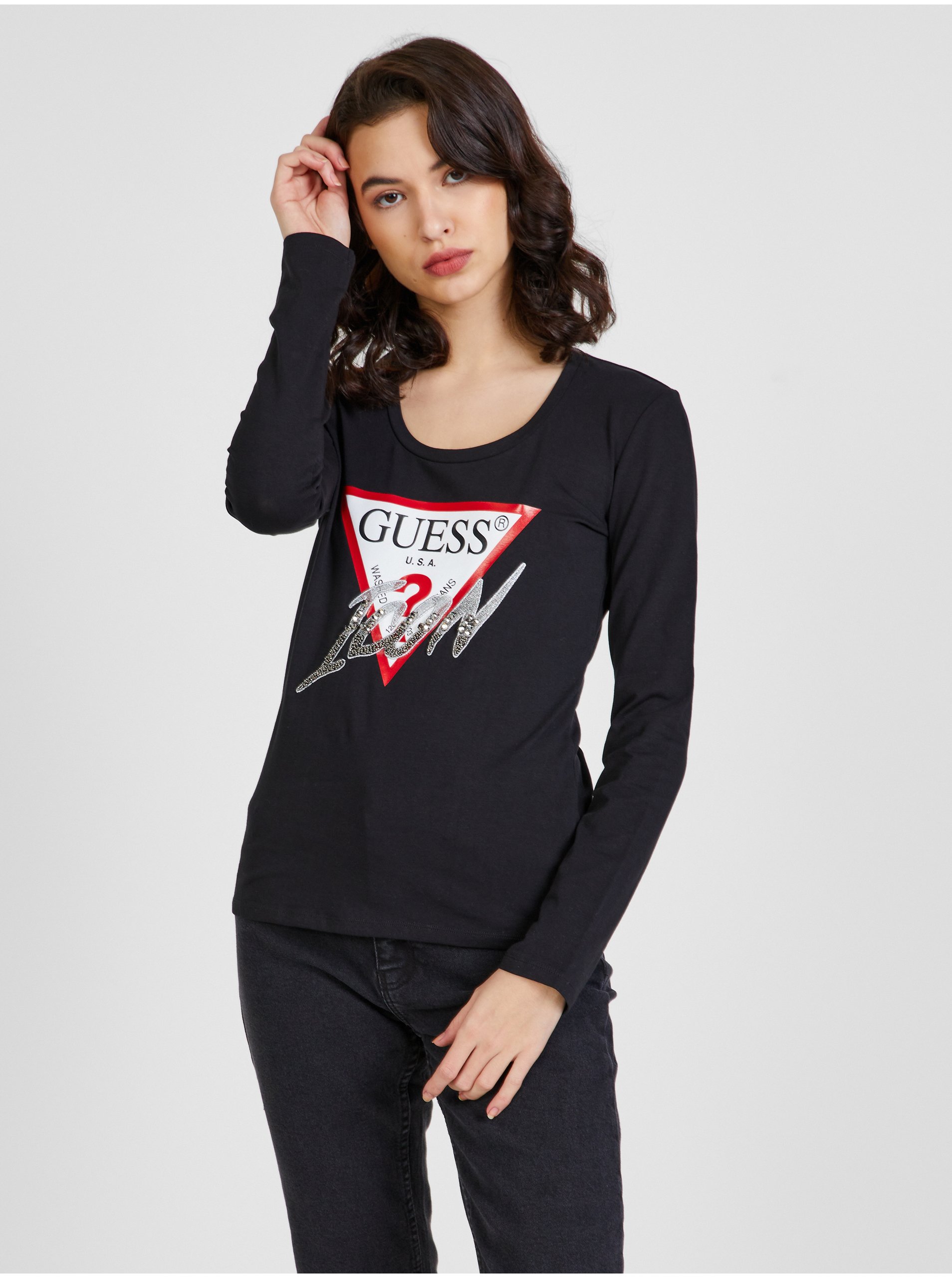 Levně Černé dámské tričko Guess Icon