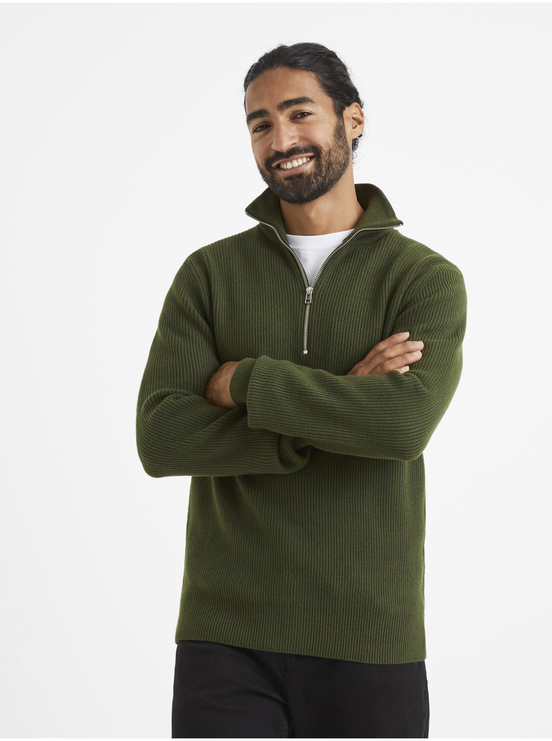 E-shop Khaki pánský svetr se stojáčkem Celio