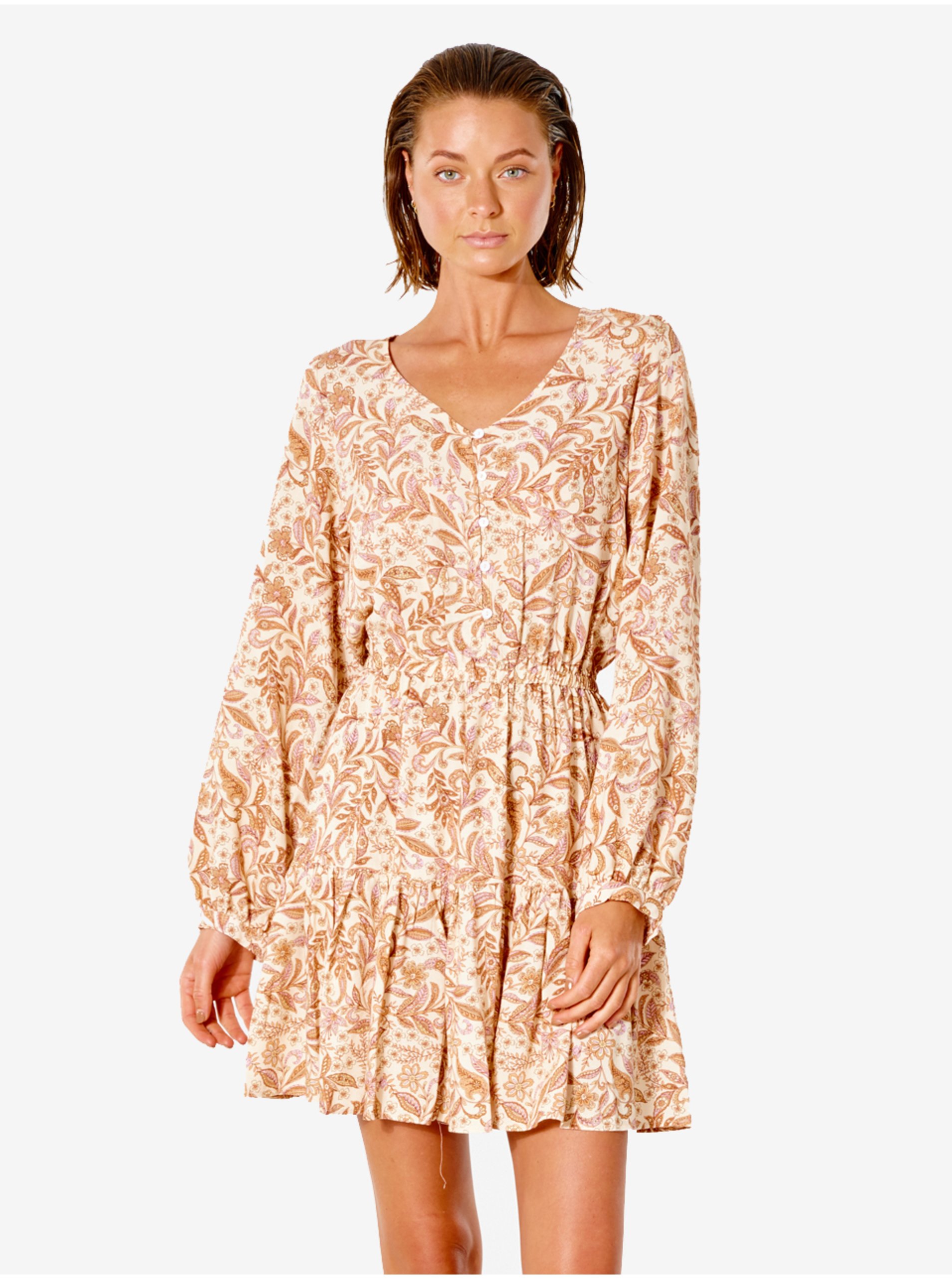 E-shop Béžové dámske vzorované košeľové šaty Rip Curl