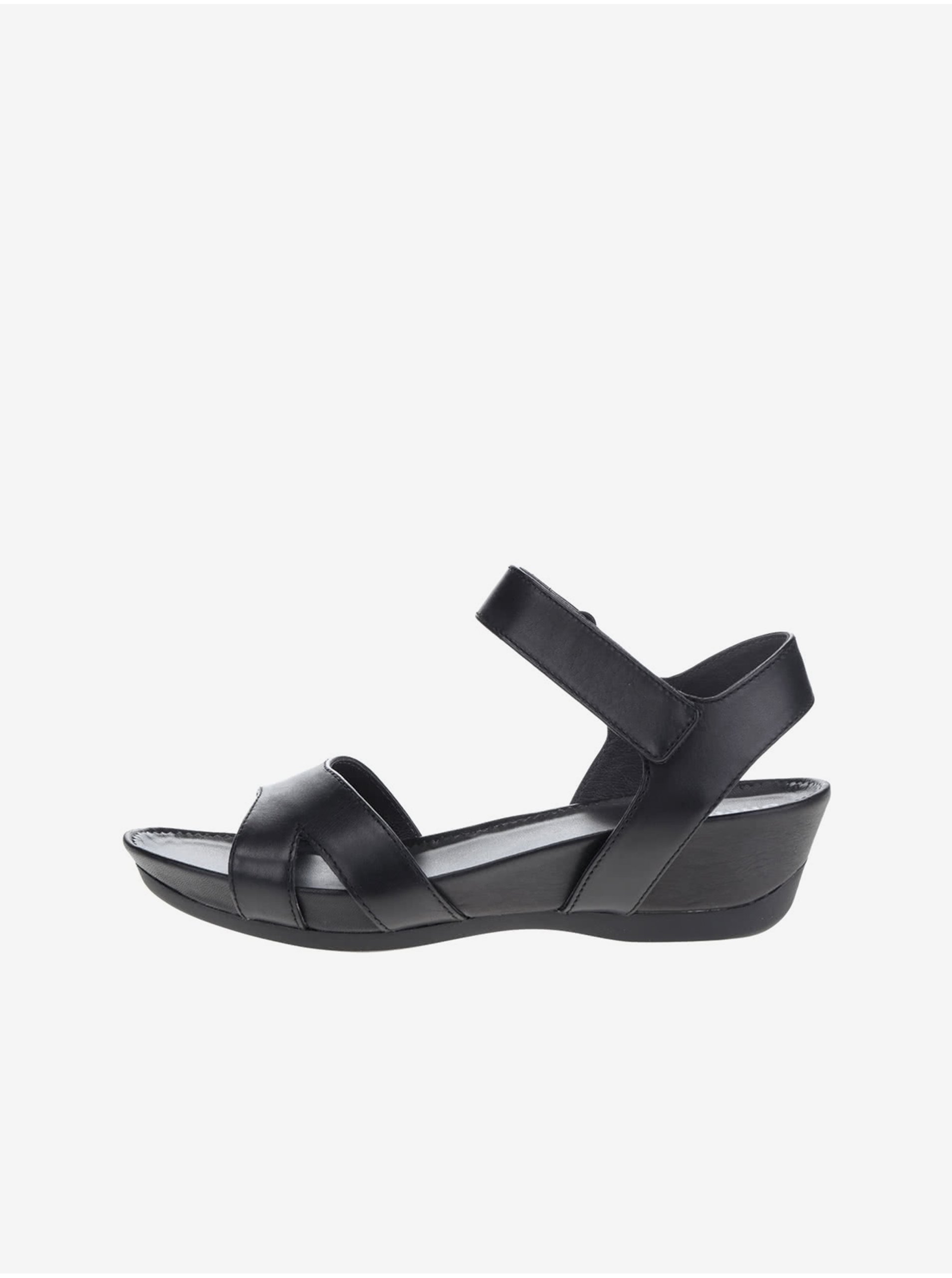 Lacno Čierne dámske kožené sandálky na podpätku Camper