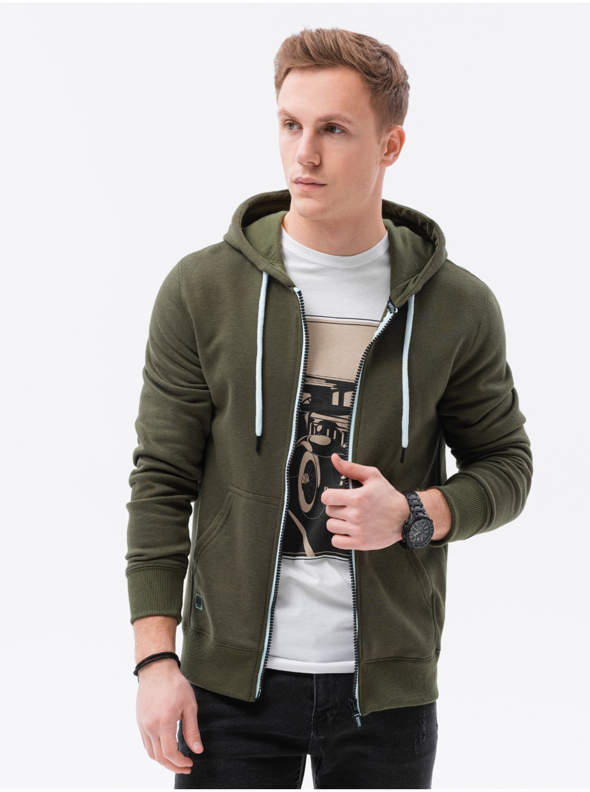 E-shop Tmavě zelená pánská basic mikina s kapucí Ombre Clothing