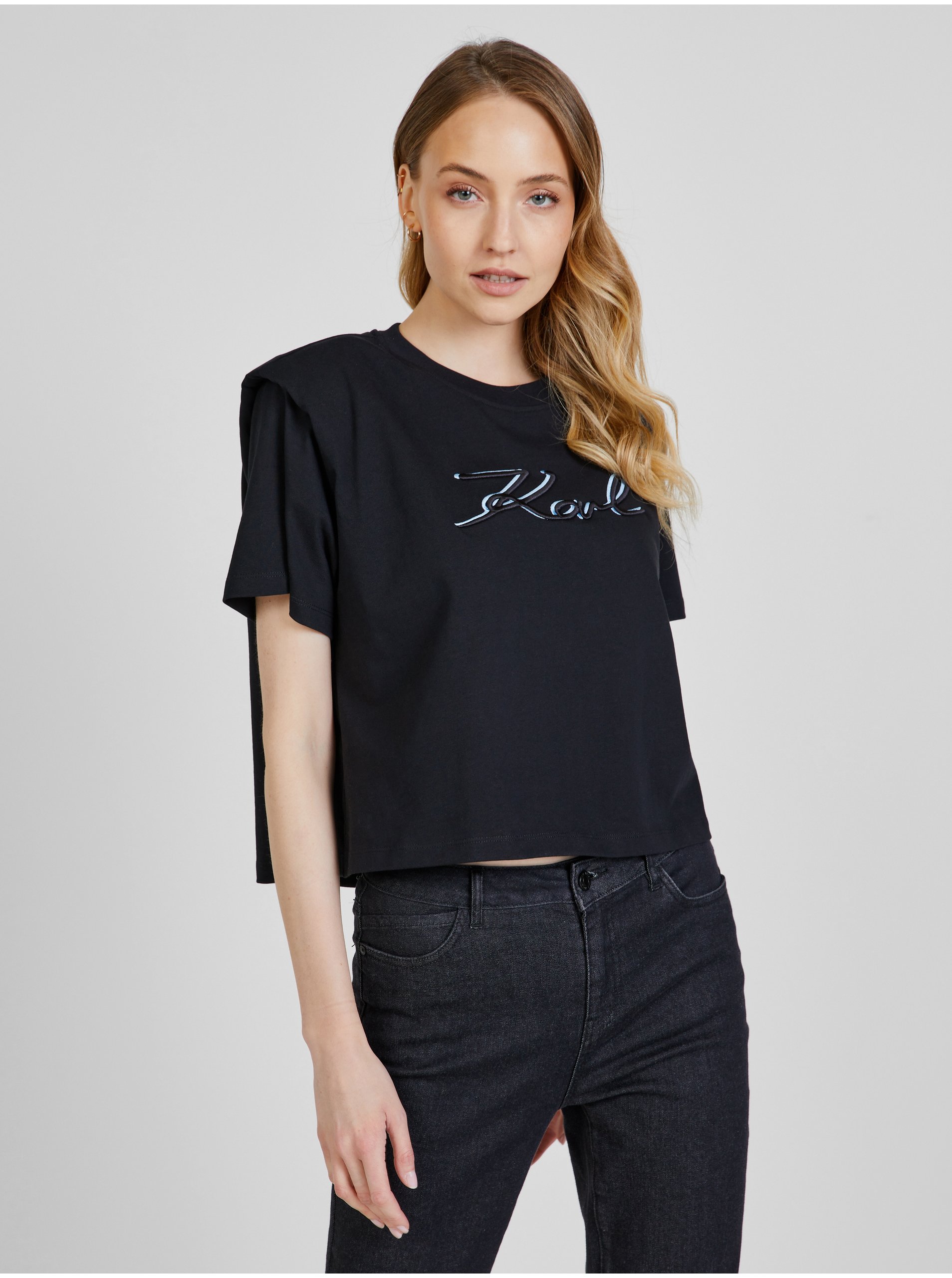 Lacno Čierne dámske tričko s ramennými vycpávkami KARL LAGERFELD