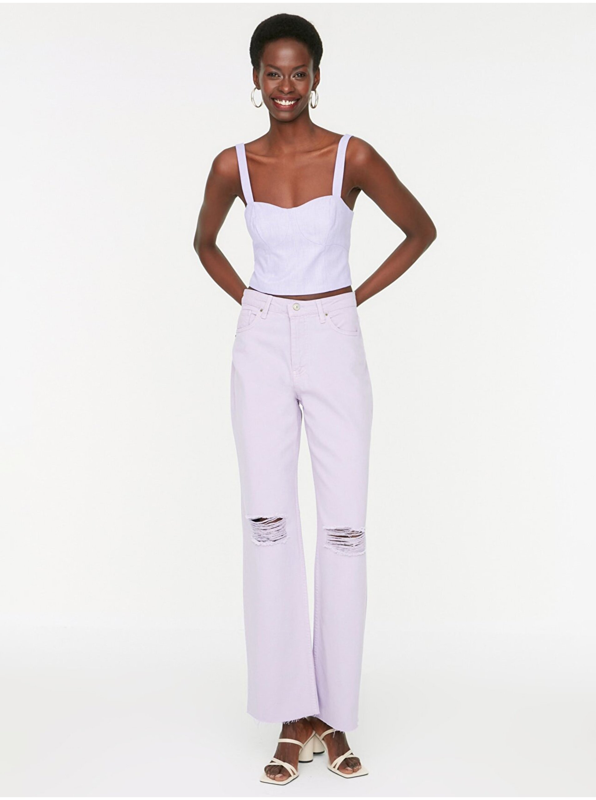 E-shop Světle fialové dámské široké džíny s potrhaným efektem Trendyol