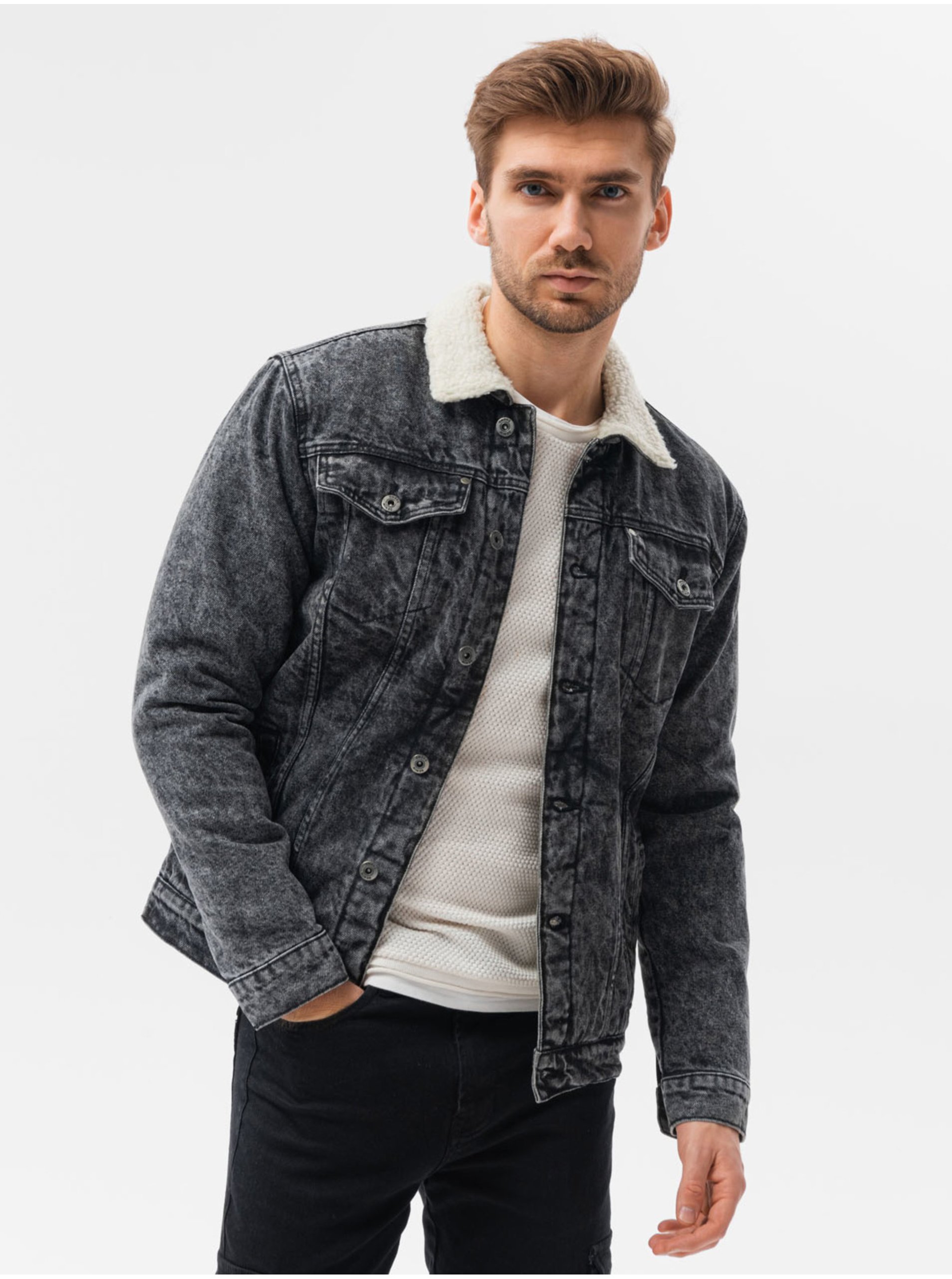 E-shop Černá pánská přechodná džínová bunda Ombre Clothing C523