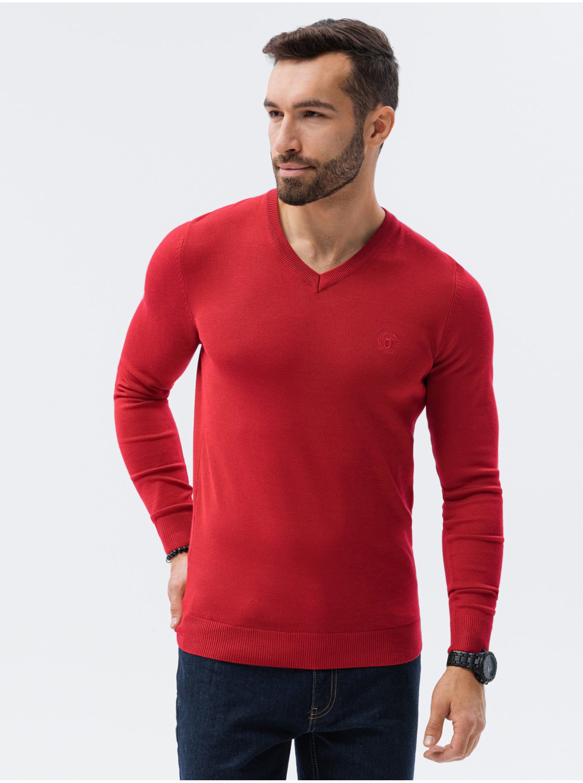 Lacno Červený pánsky basic sveter Ombre Clothing