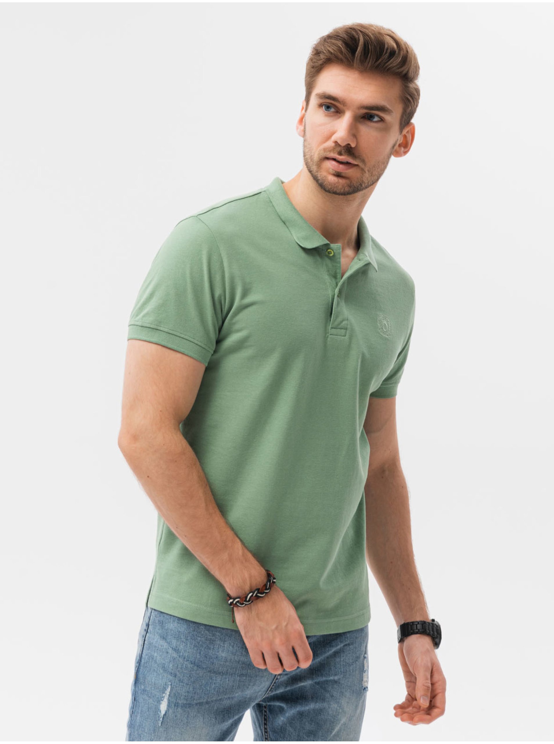 Levně Zelené pánské polo tričko bez potisku Ombre Clothing S1374 basic basic