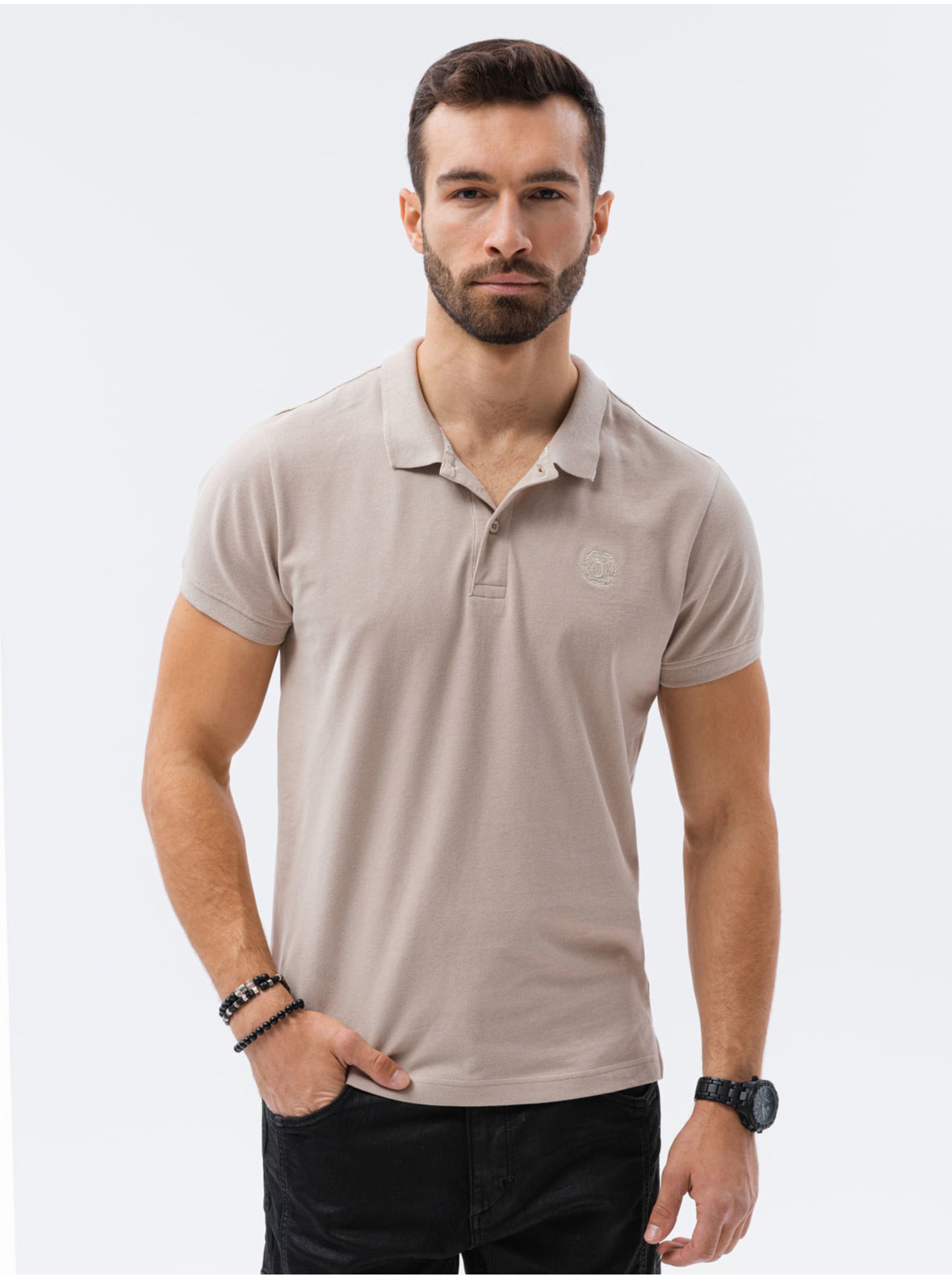 Levně Béžové pánské polo tričko bez potisku Ombre Clothing S1374 basic basic