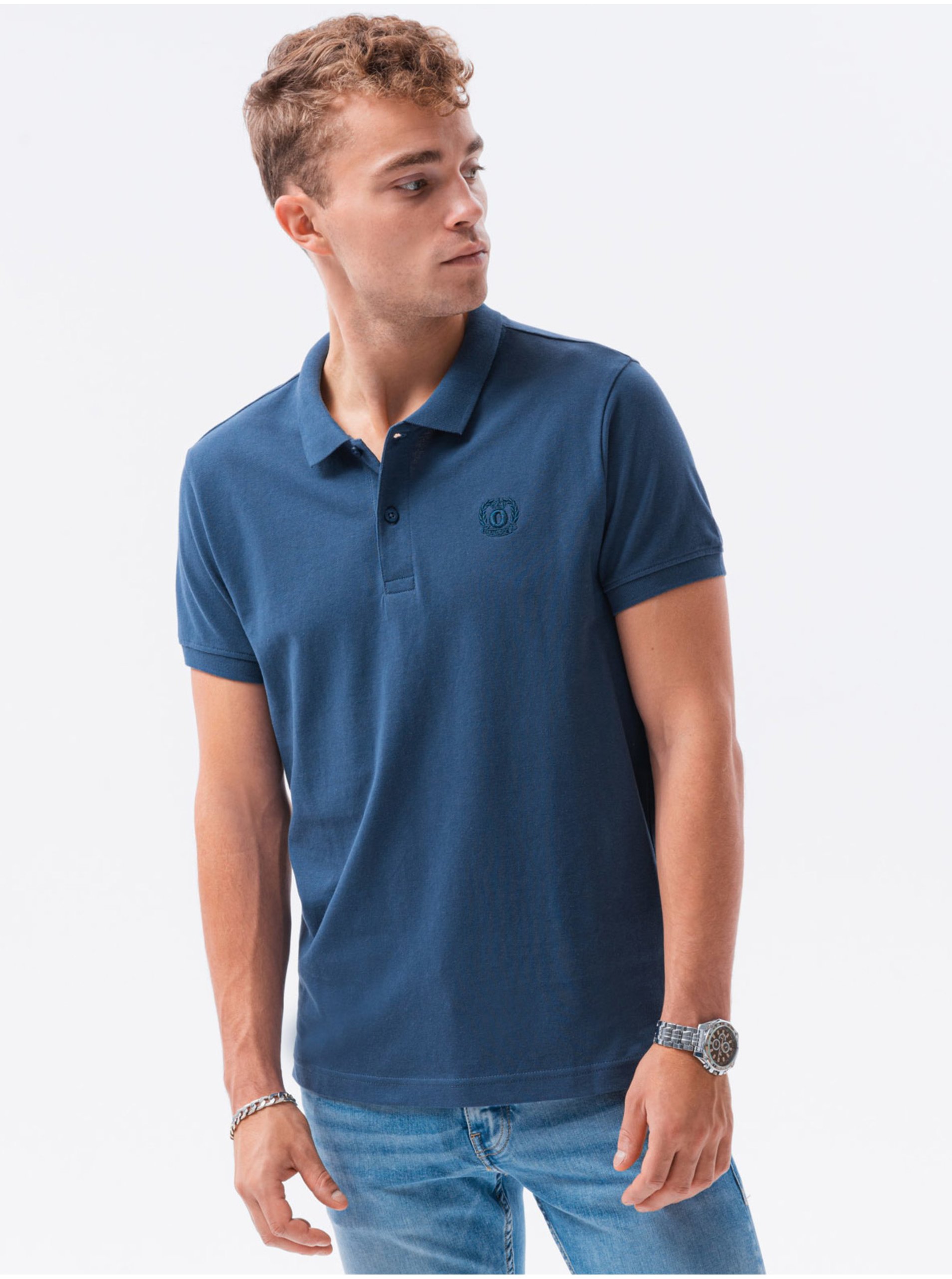 Levně Tmavě modré pánské basic polo tričko Ombre Clothing