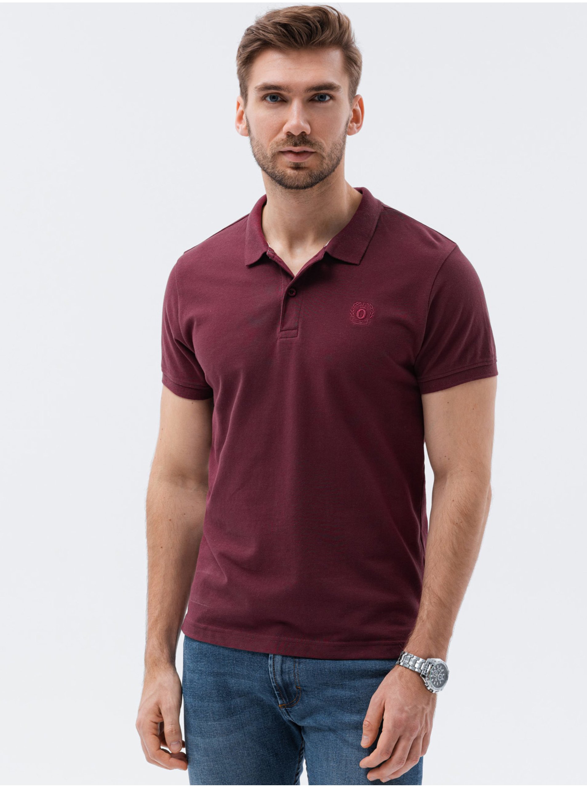 Levně Vínové pánské polo tričko bez potisku Ombre Clothing S1374 basic