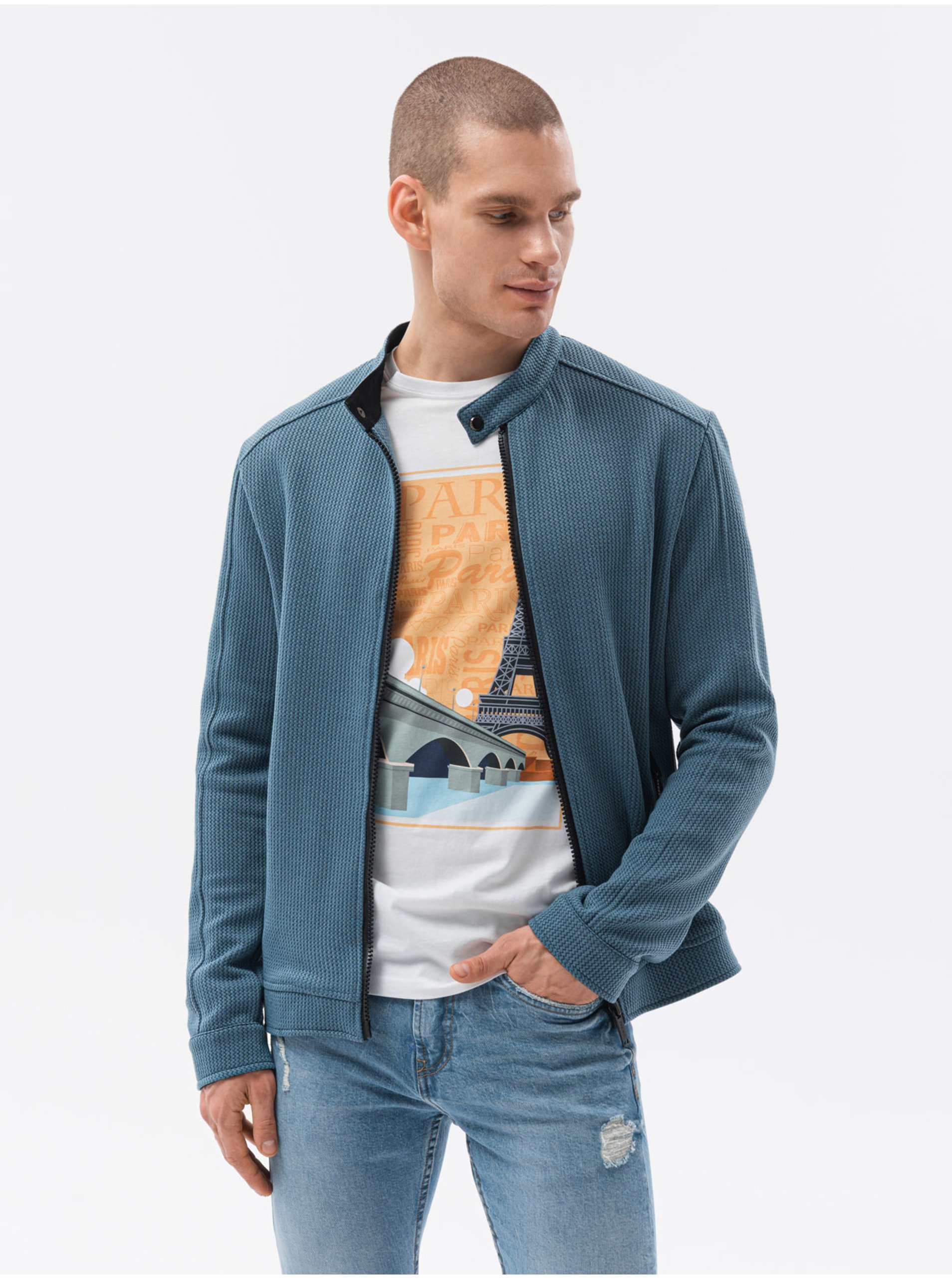 E-shop Modrá pánská mikina na zip bez kapuce Ombre Clothing