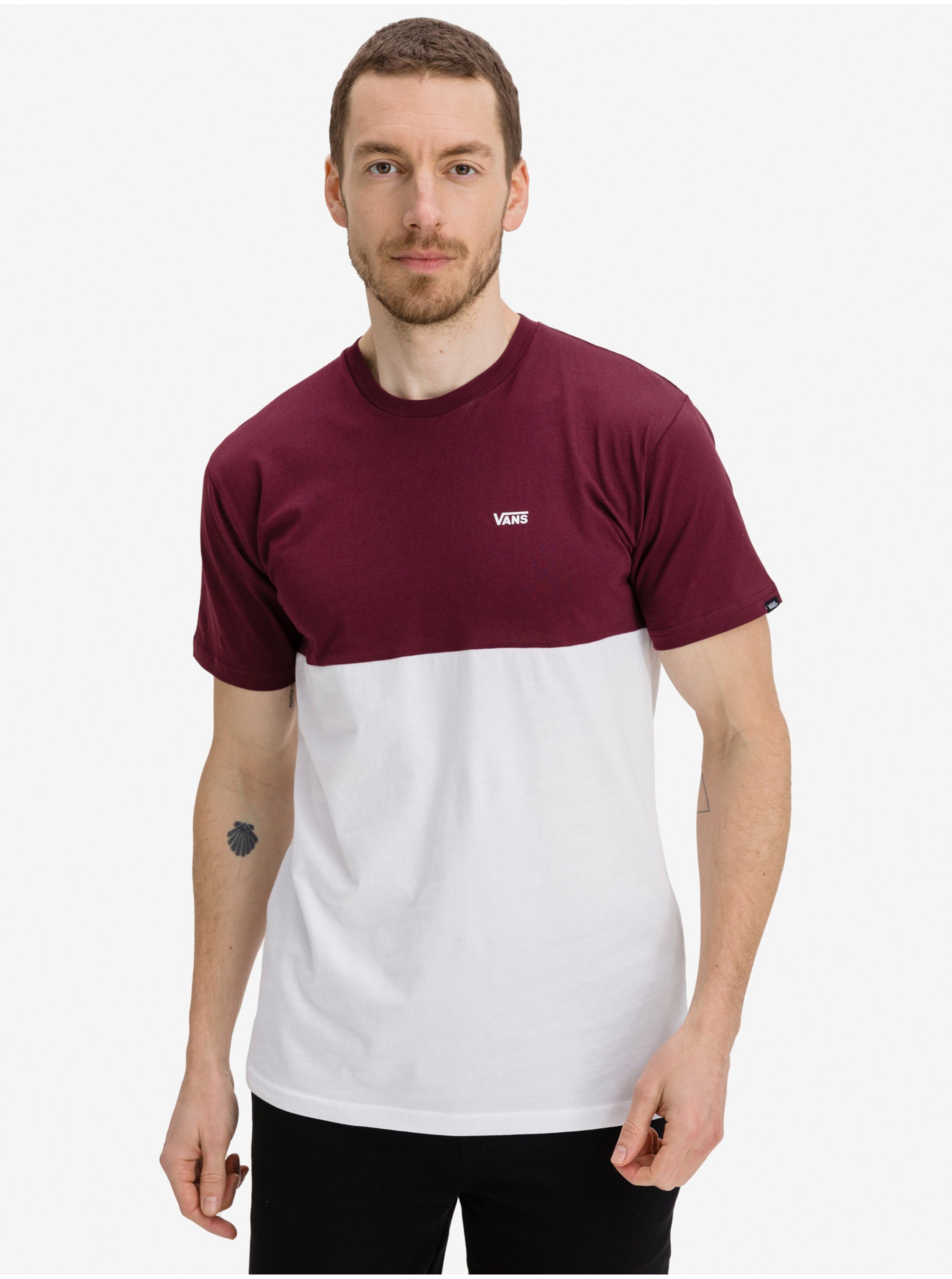 Lacno Vínovo-biele pánske tričko VANS Colorblock