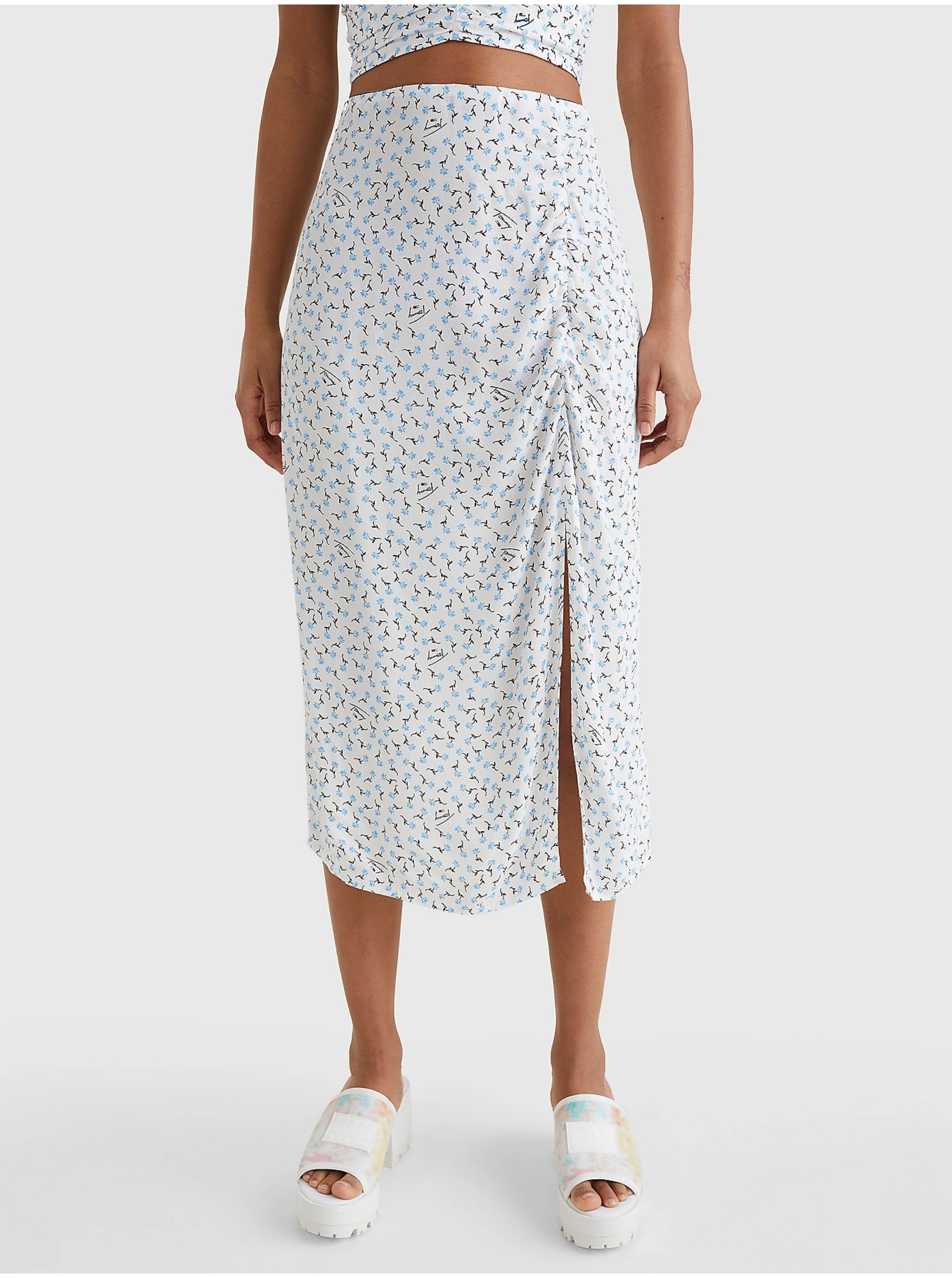 Levně Bílá dámská vzorovaná midi sukně s rozparkem Tommy Jeans