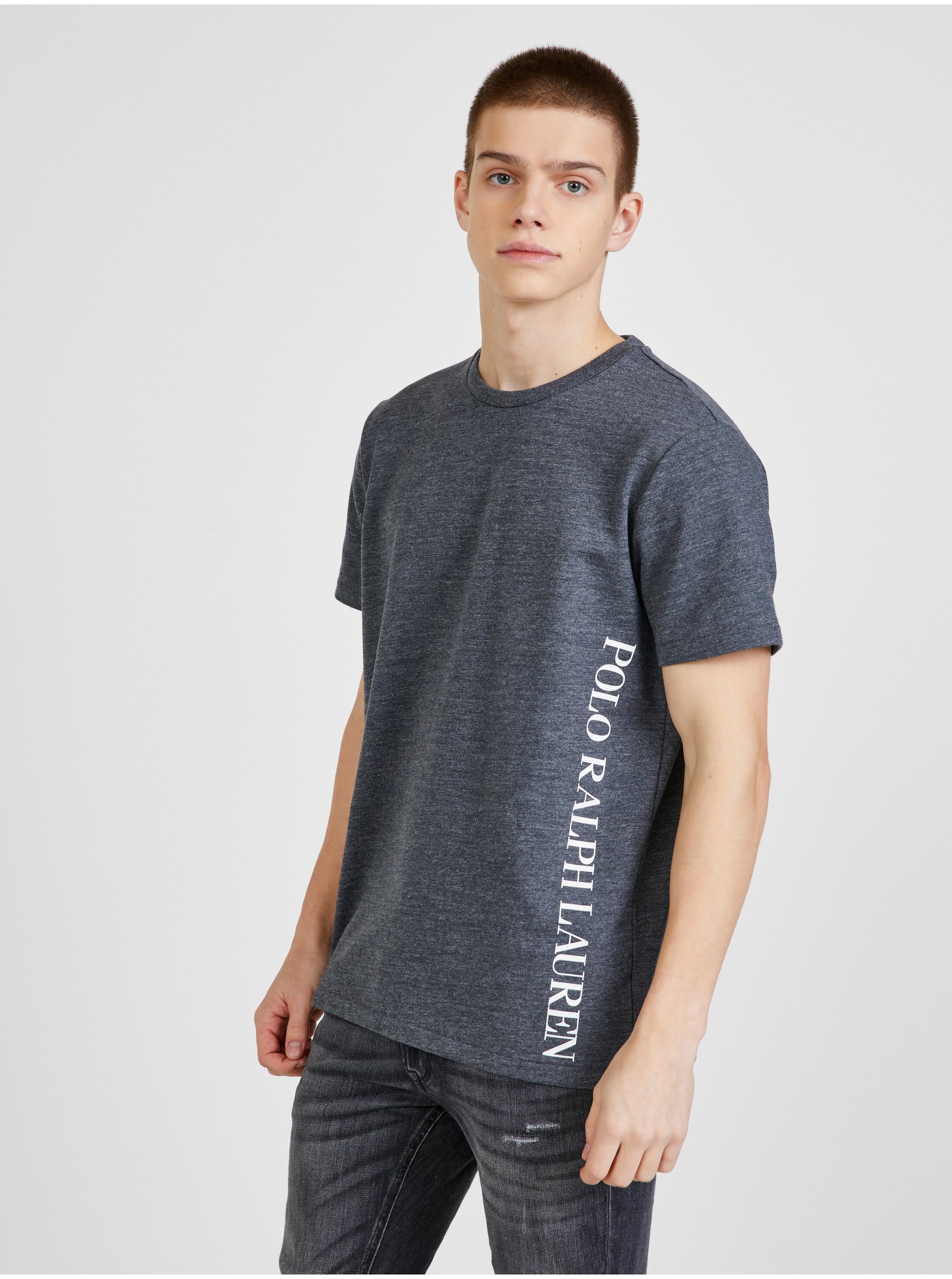 Levně Tmavě šedé pánské žíhané tričko Ralph Lauren
