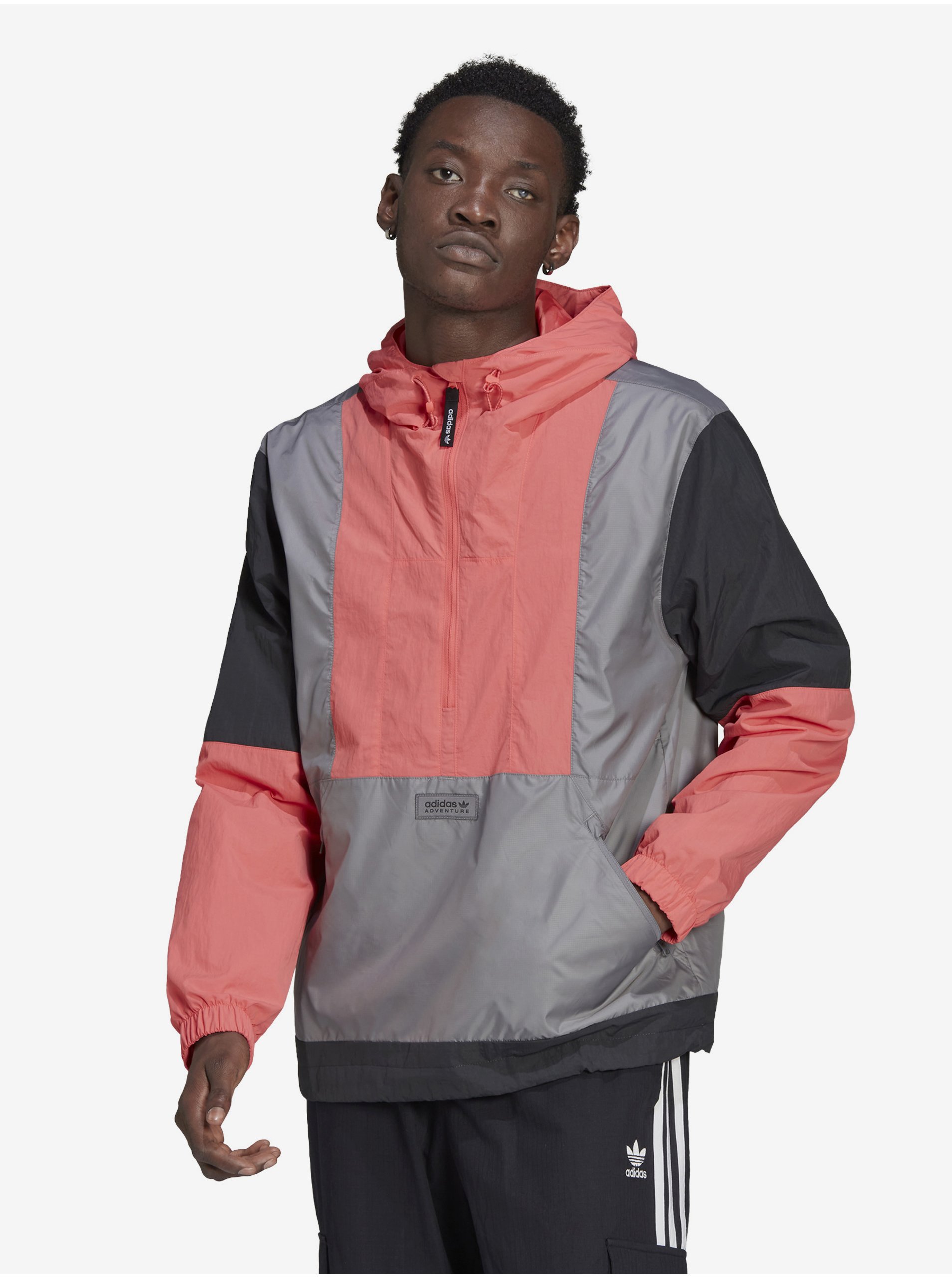 Levně Růžovo-šedá pánská lehká bunda s kapucí adidas Originals