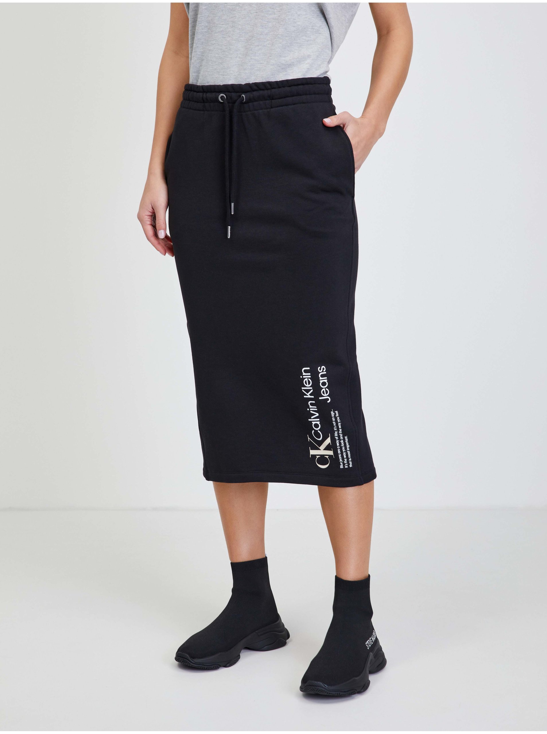 Lacno Čierna dámska tepláková midi sukňa s rozparkom Calvin Klein Jeans