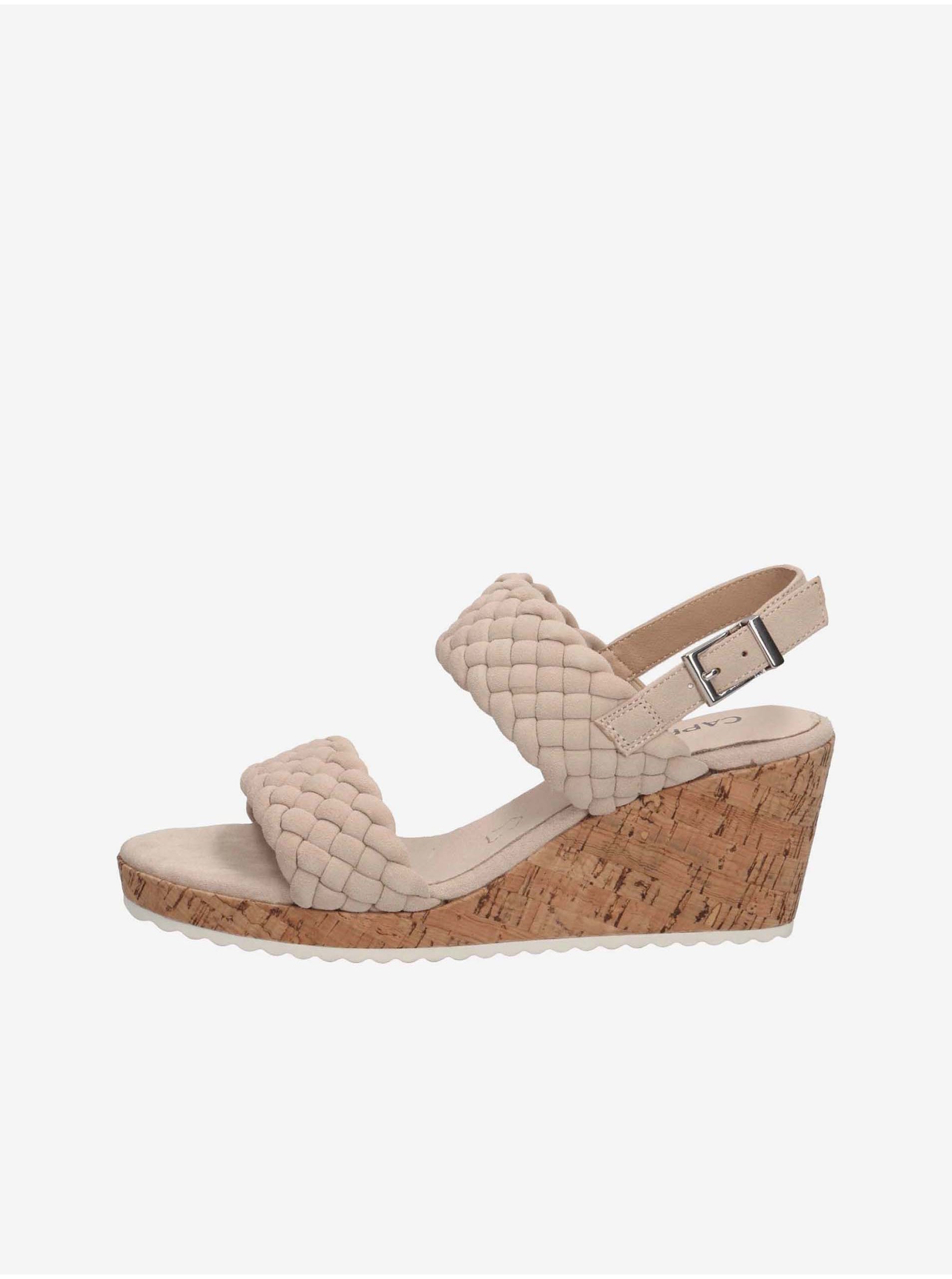 Lacno Béžové dámske kožené sandále na podpätku Caprice