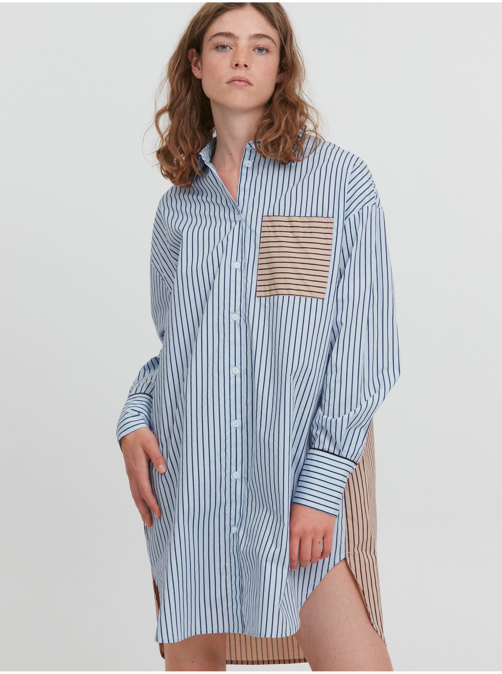 E-shop Hnědo-modré dámské pruhované košilové šaty ICHI