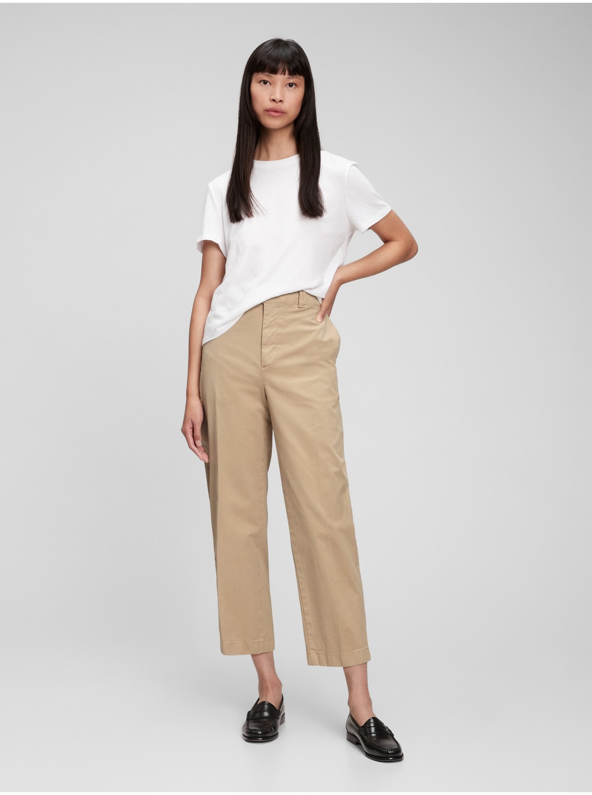 E-shop Béžové dámské kalhoty GAP straight khaki Washwell