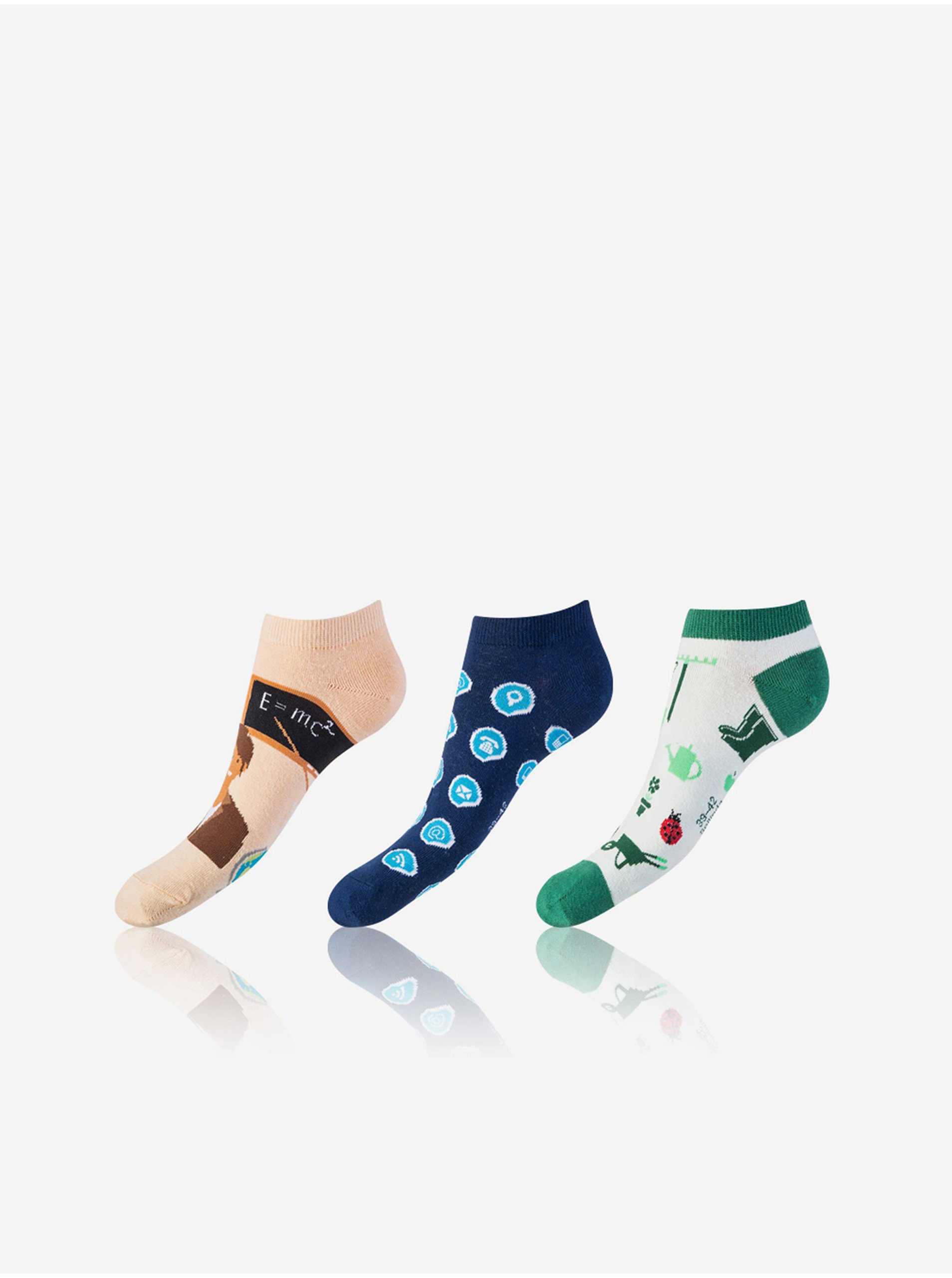 Levně Sada tří unisex vzorovaných ponožek v modré, zelené a světle růžové barvě Bellinda CRAZY IN-SHOE SOCKS 3x