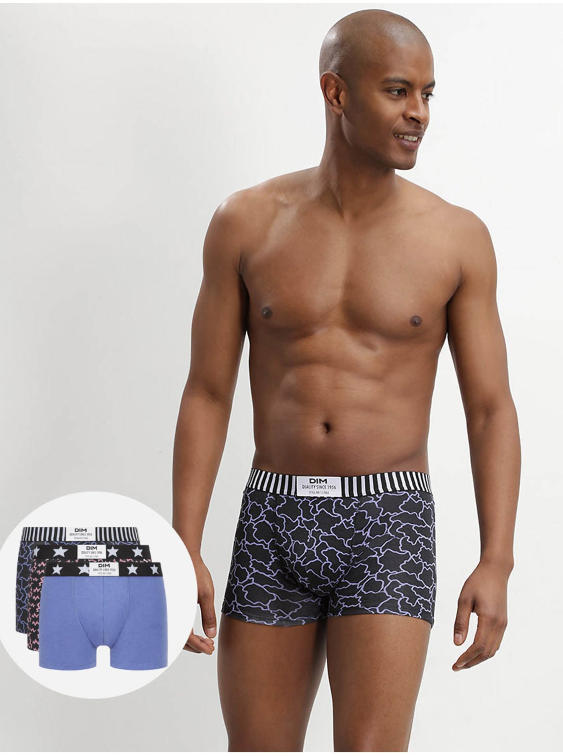 E-shop Sada tří pánských vzorovaných boxerek v černé a modré barvě Dim VIBES BOXER 3x