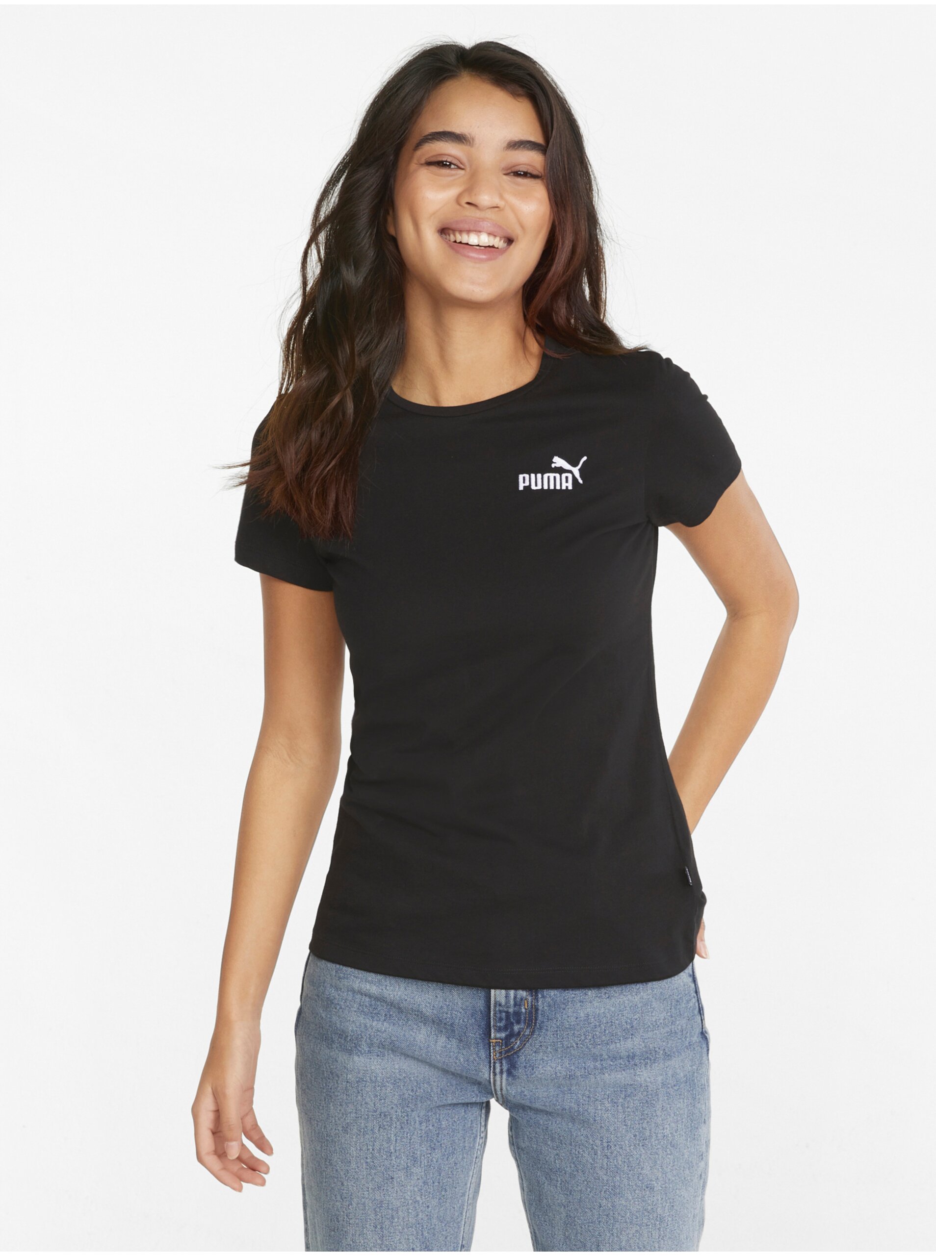 Levně Černé dámské tričko Puma ESS+ Embroidery Tee