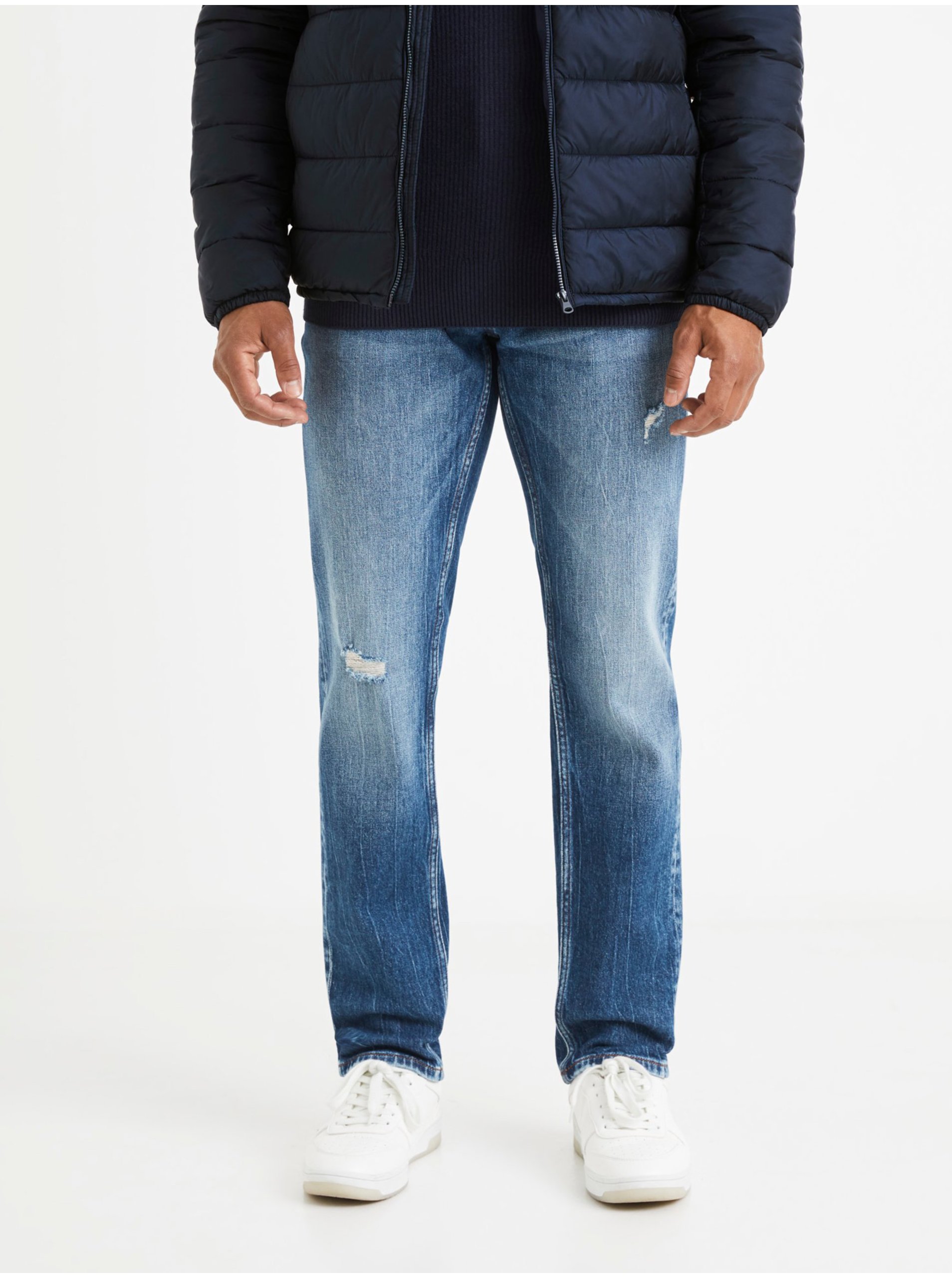 E-shop Modré pánské straight fit džíny s potrhaným efektem Celio Vomarble